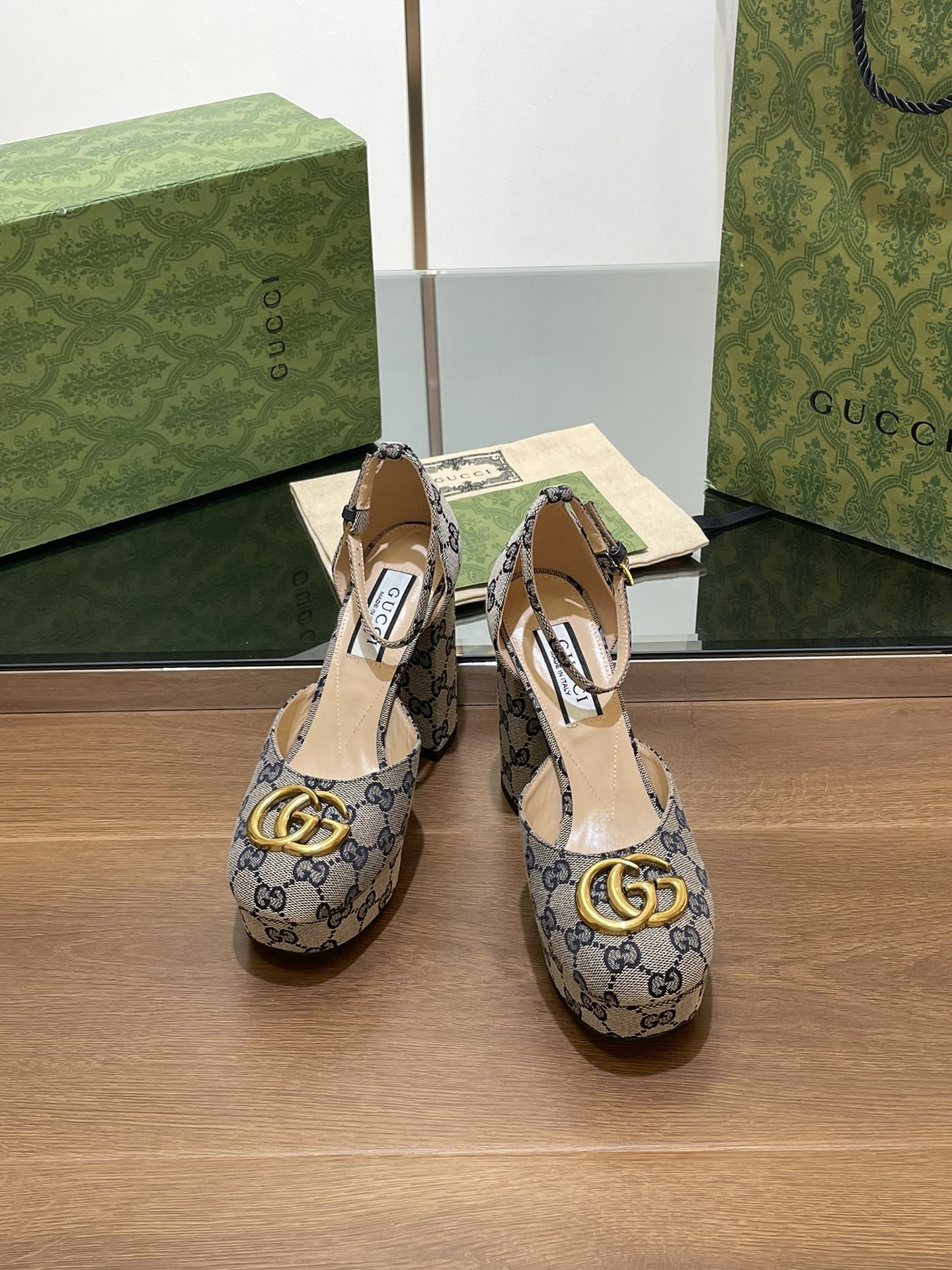 GG HIGH SANDAL 11.5 CM IN BLACK MIX BEIGE MONOGRAM JACQUARD FABRIC