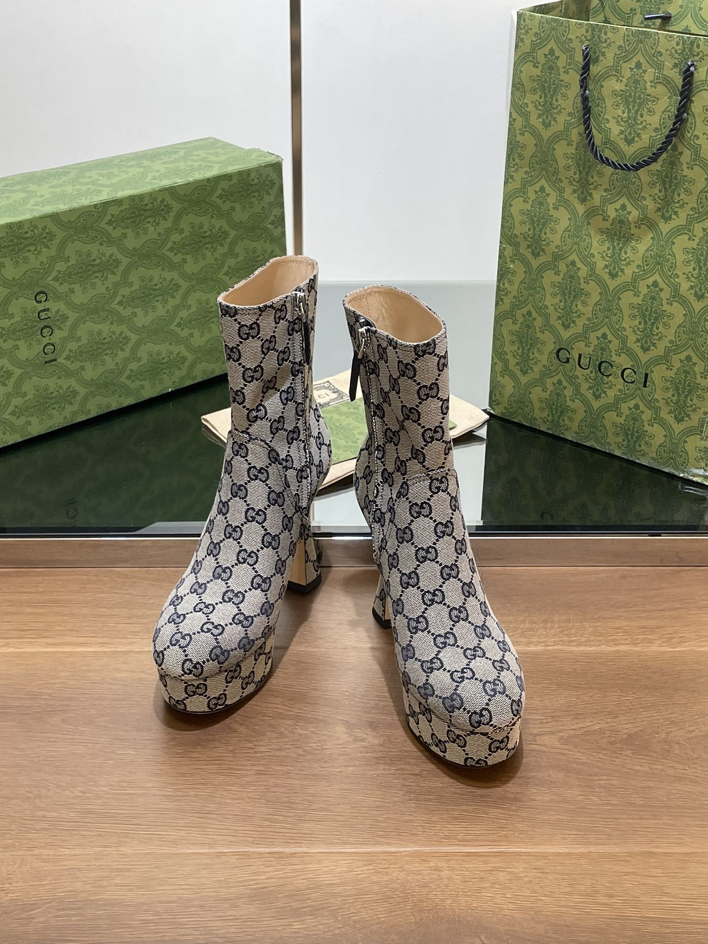 GG SHORT BOOTS 11.5 CM IN BLACK MIX BEIGE MONOGRAM JACQUARD FABRIC