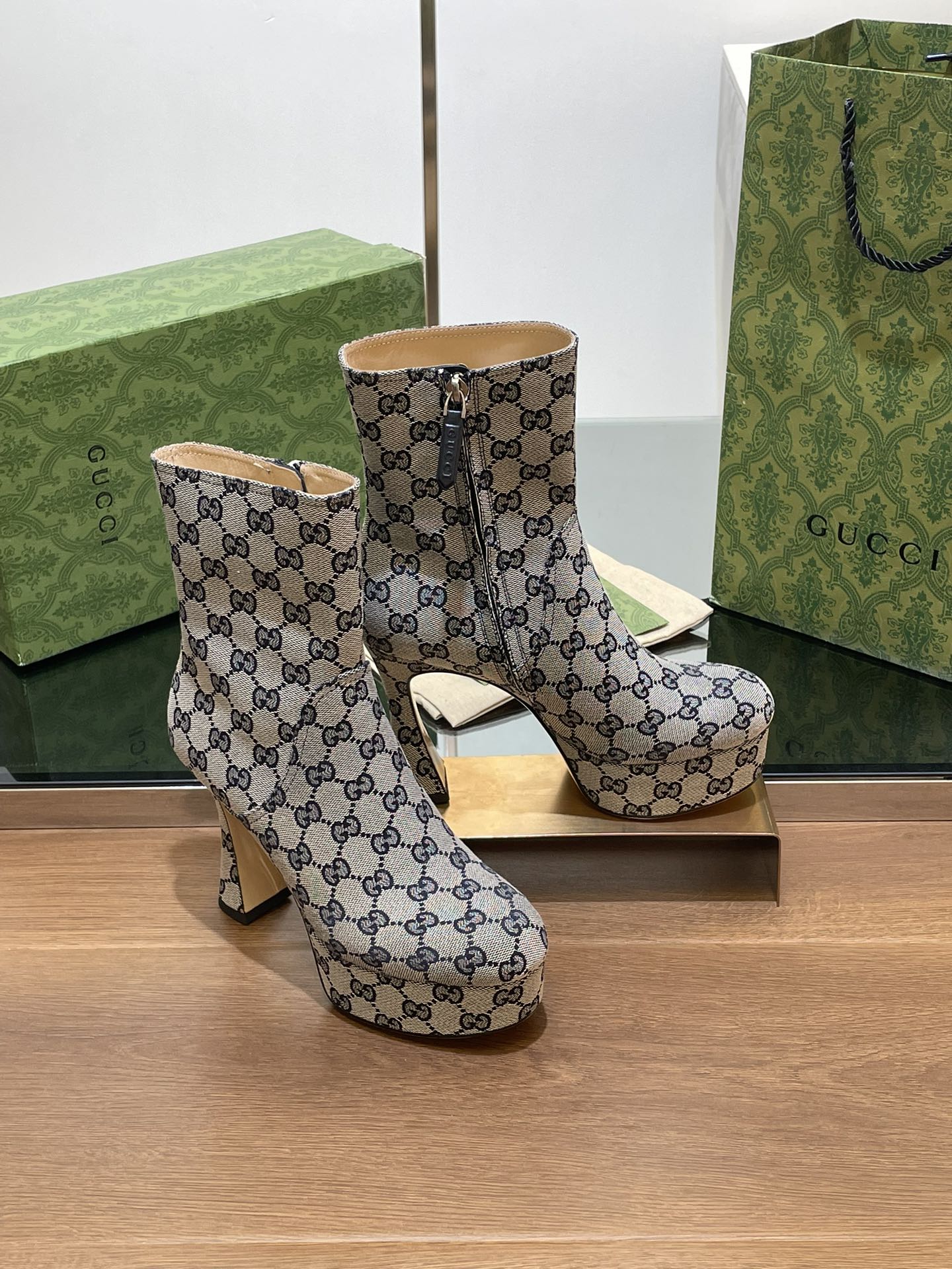 GG SHORT BOOTS 11.5 CM IN BLACK MIX BEIGE MONOGRAM JACQUARD FABRIC