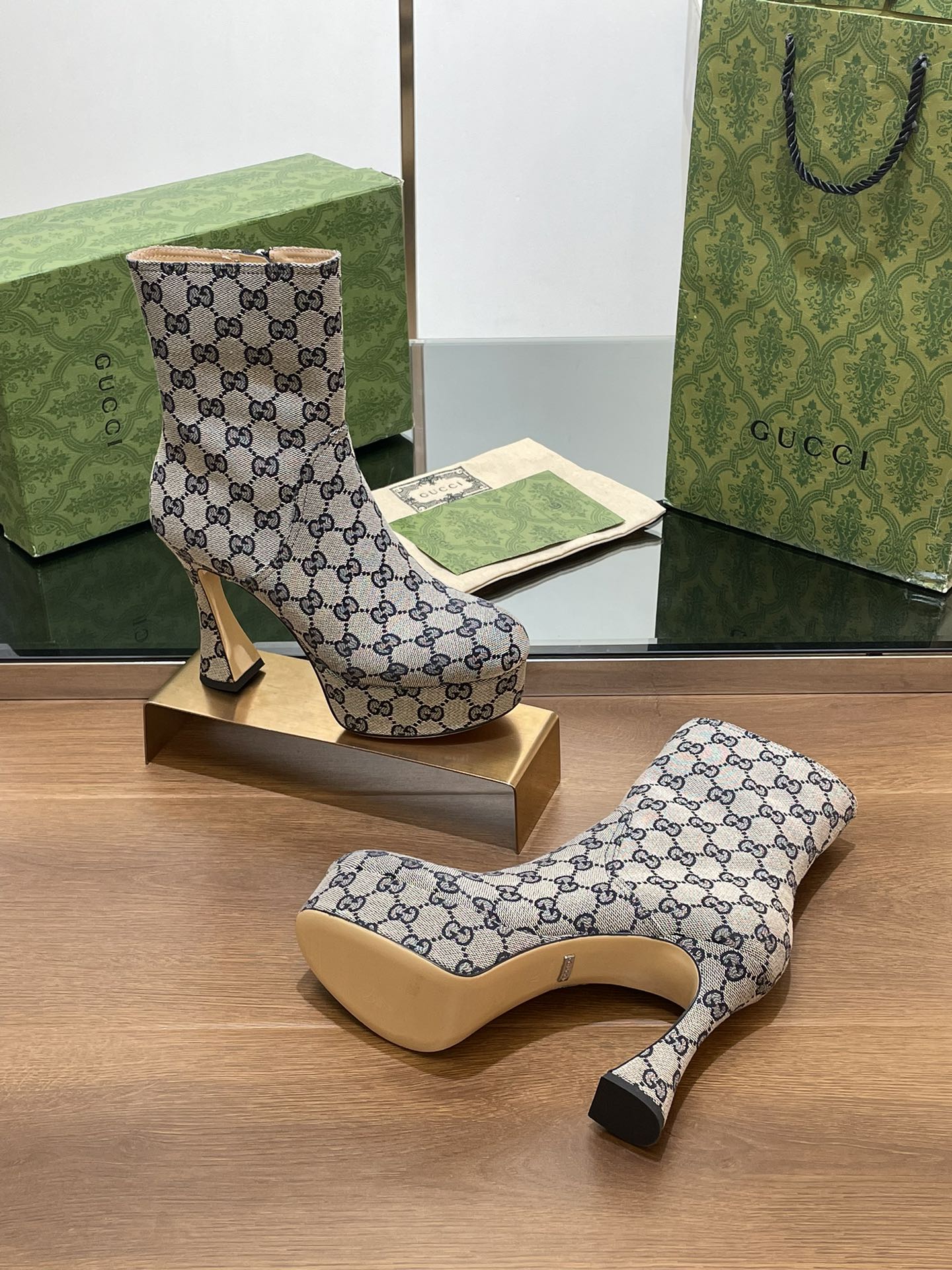 GG SHORT BOOTS 11.5 CM IN BLACK MIX BEIGE MONOGRAM JACQUARD FABRIC