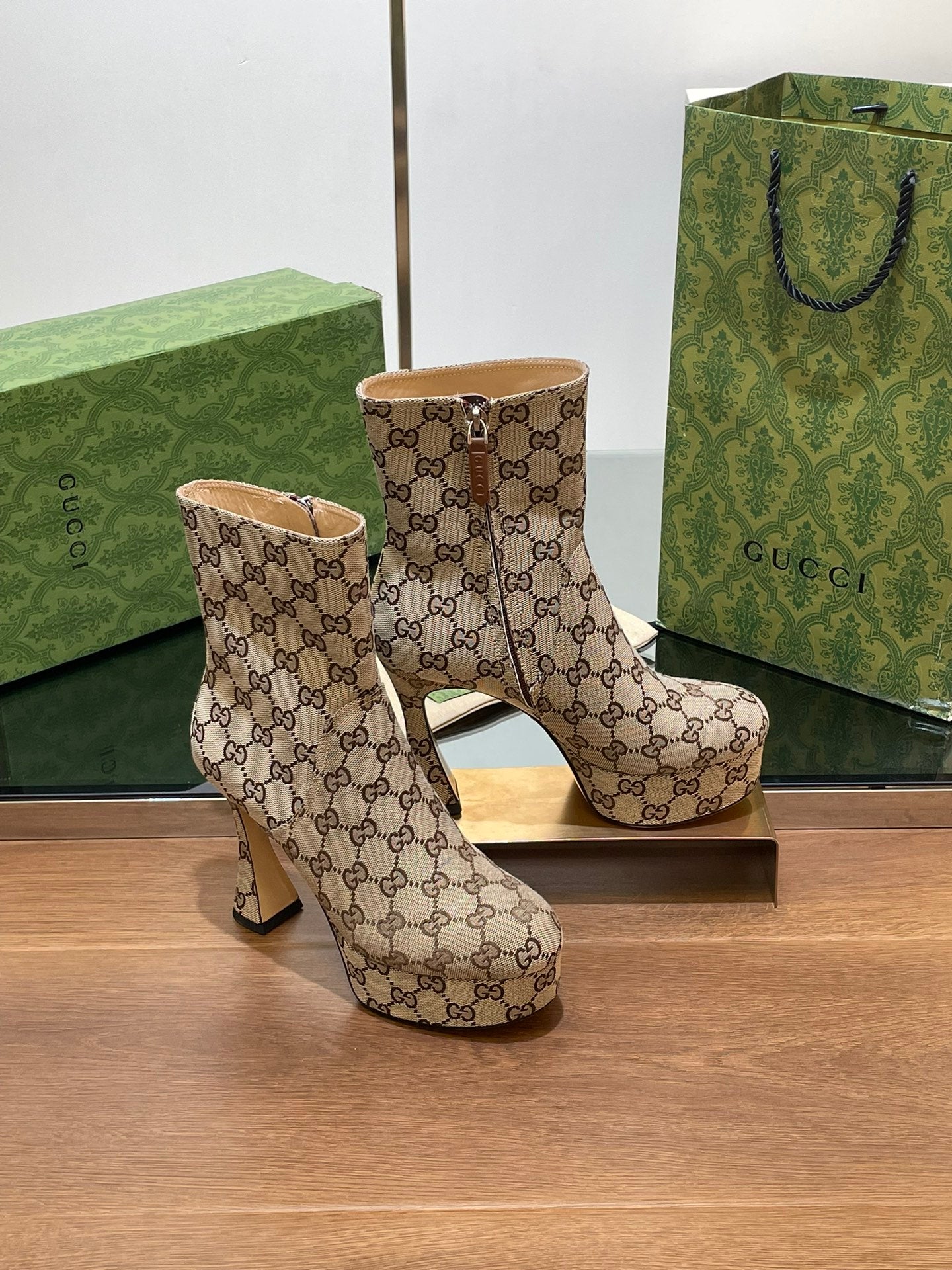 GG HIGH SANDAL 11.5 CM IN CAMEL BROWN MONOGRAM JACQUARD FABRIC