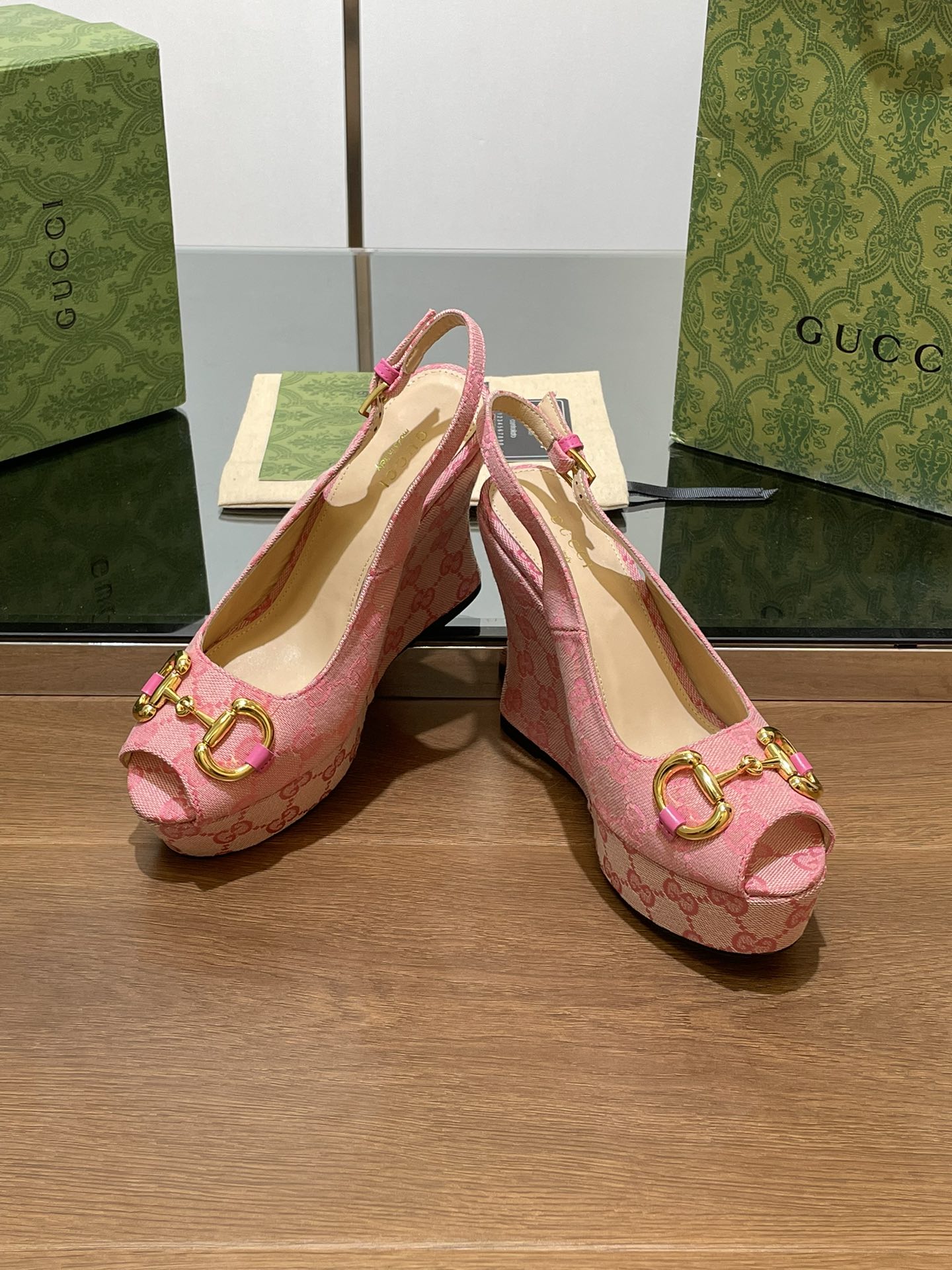 GG WEDGE PLATFORM IN LIGHT PINK MONOGRAM JACQUARD FABRIC