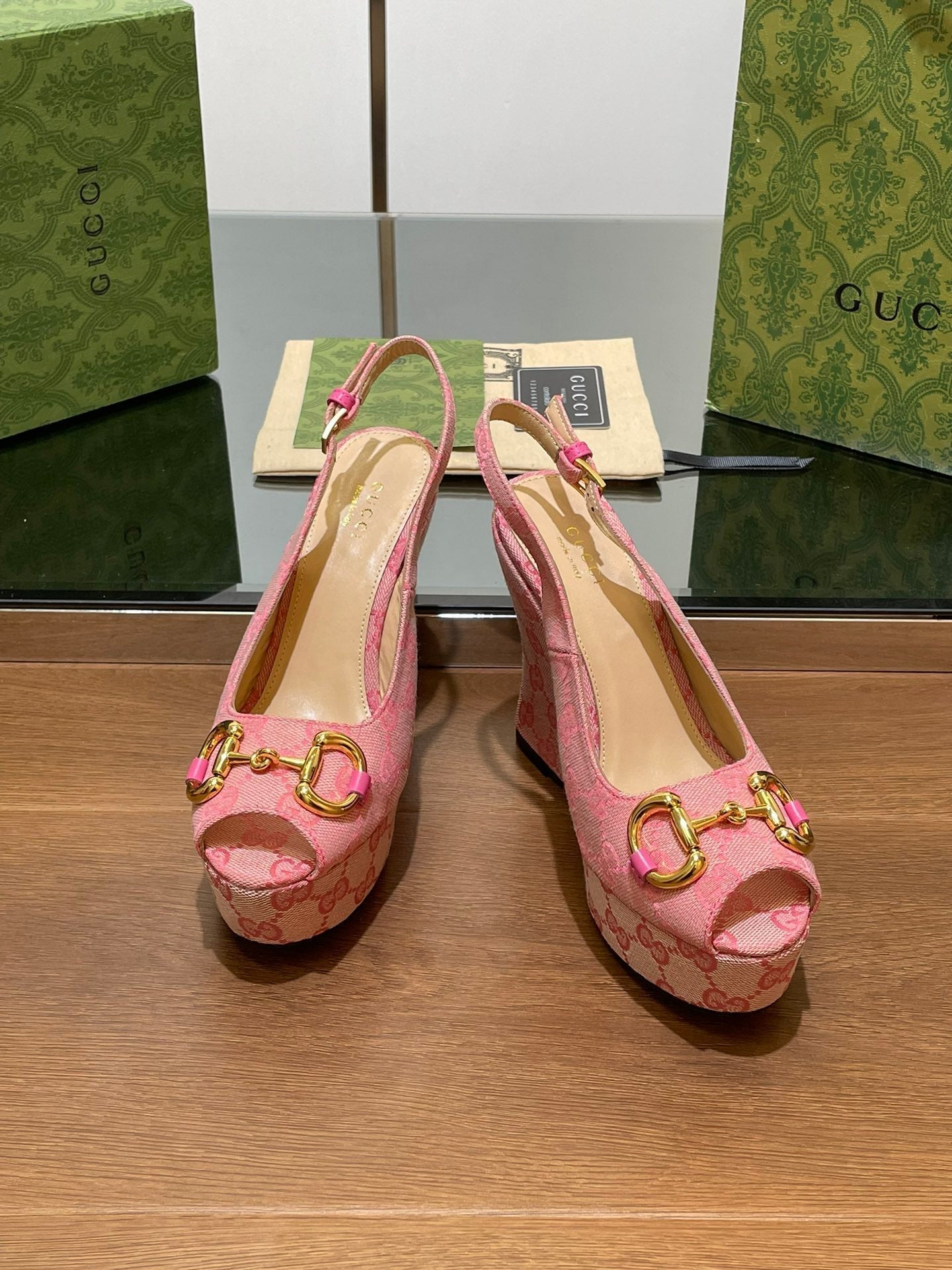 GG WEDGE PLATFORM IN LIGHT PINK MONOGRAM JACQUARD FABRIC