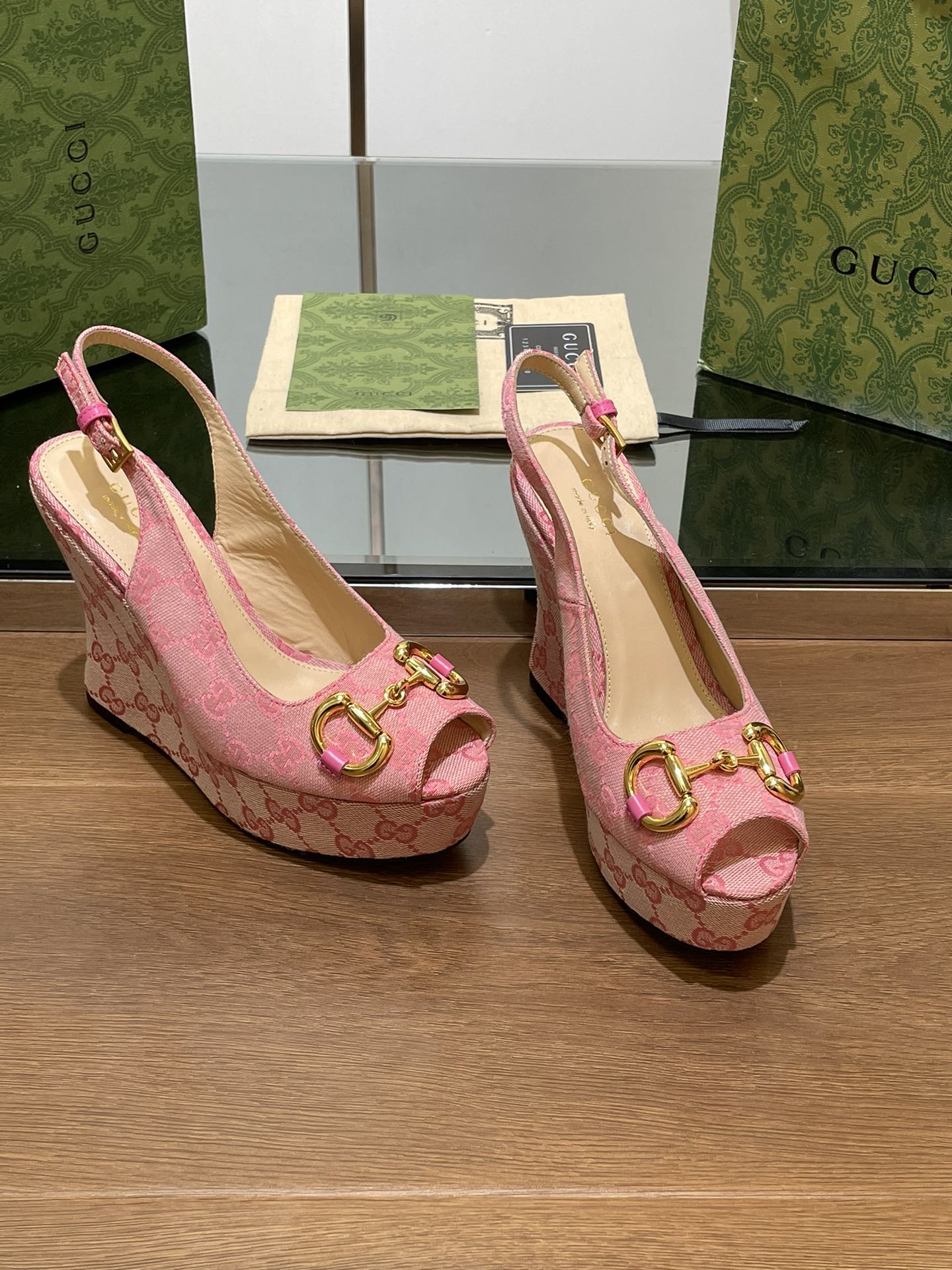 GG WEDGE PLATFORM IN LIGHT PINK MONOGRAM JACQUARD FABRIC