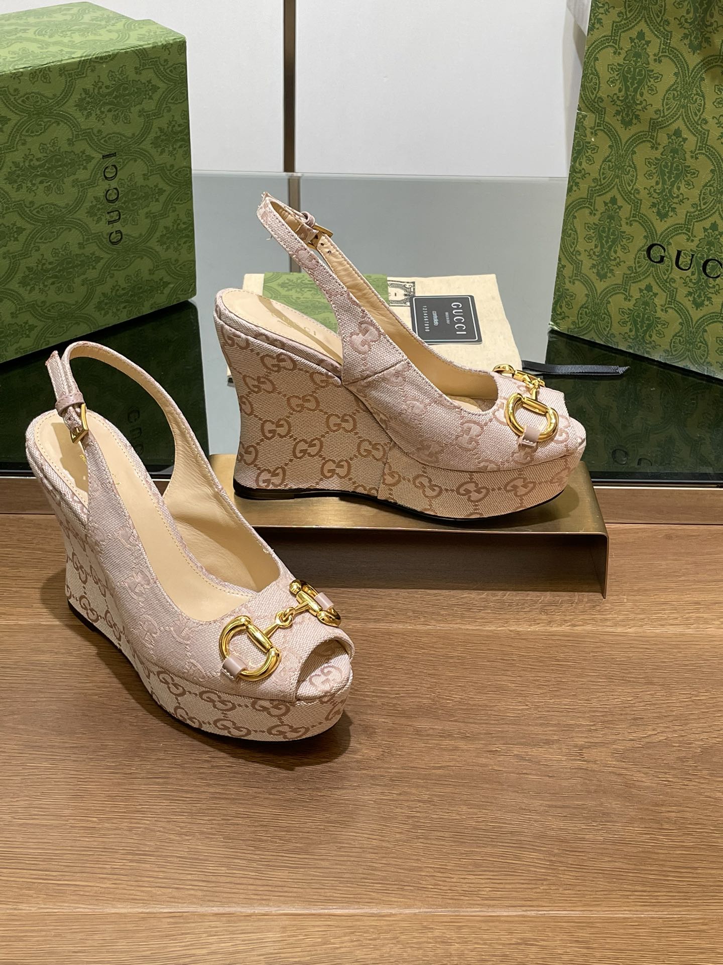 GG WEDGE PLATFORM IN ALMOND BEIGE MONOGRAM JACQUARD FABRIC