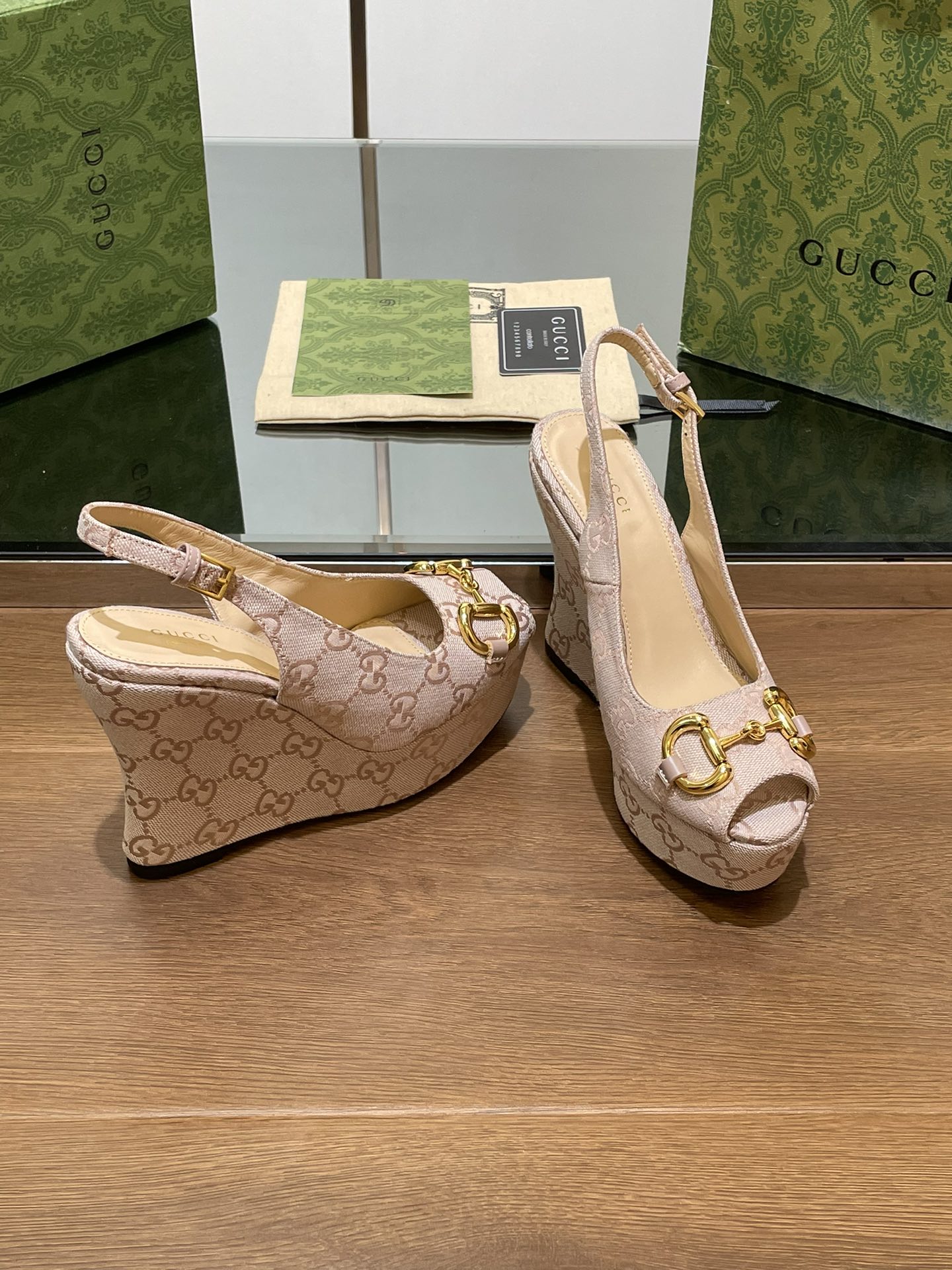 GG WEDGE PLATFORM IN ALMOND BEIGE MONOGRAM JACQUARD FABRIC