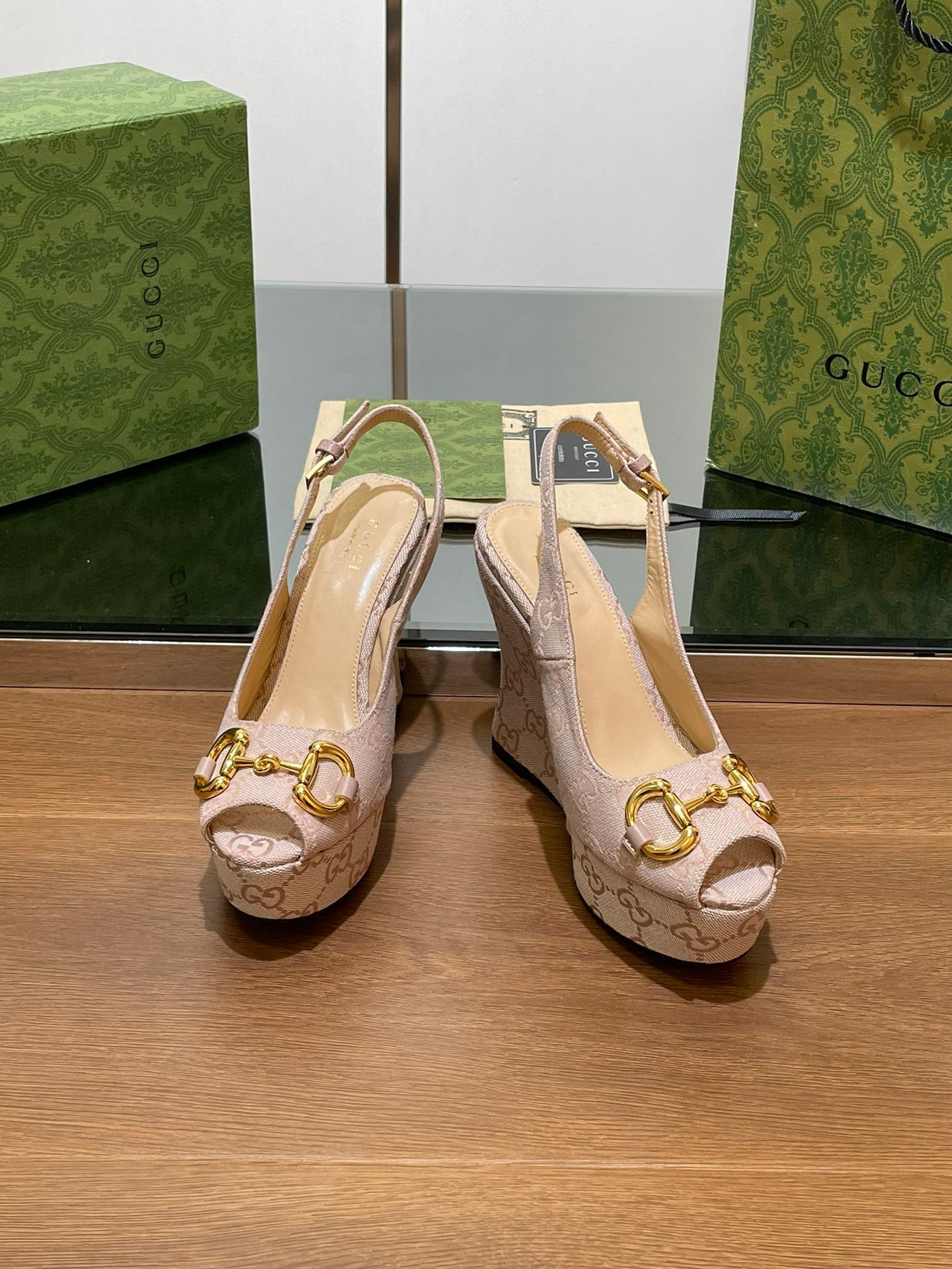 GG WEDGE PLATFORM IN ALMOND BEIGE MONOGRAM JACQUARD FABRIC