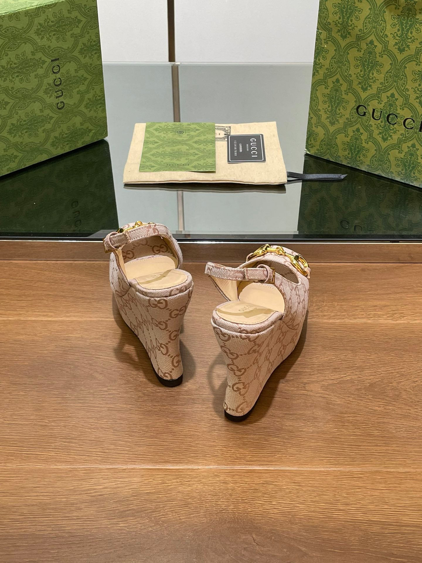 GG WEDGE PLATFORM IN ALMOND BEIGE MONOGRAM JACQUARD FABRIC