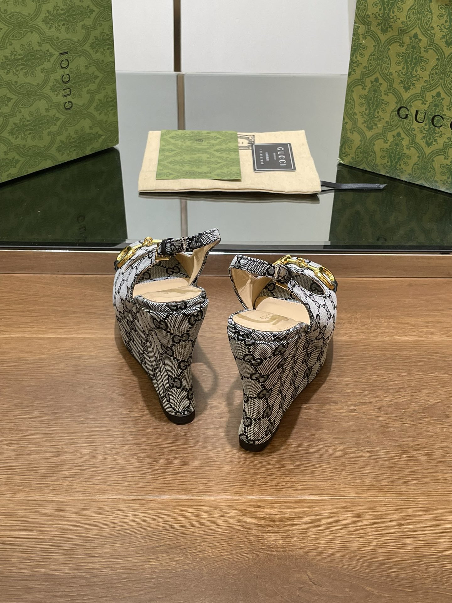 GG WEDGE PLATFORM IN STEEL GREY MONOGRAM JACQUARD FABRIC