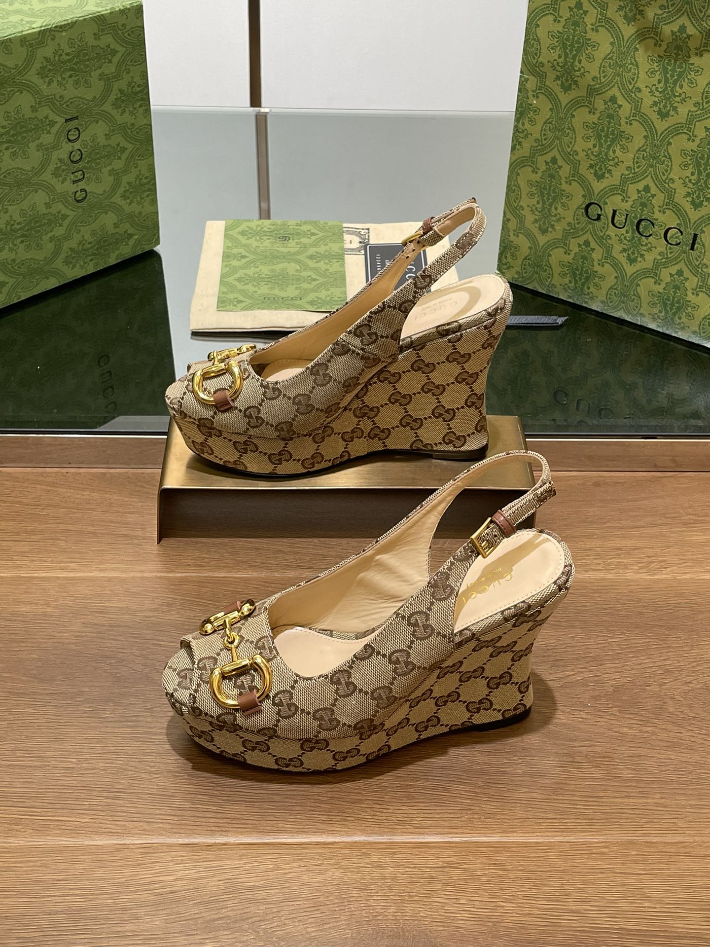 GG WEDGE PLATFORM IN CAMEL BROWN MONOGRAM JACQUARD FABRIC