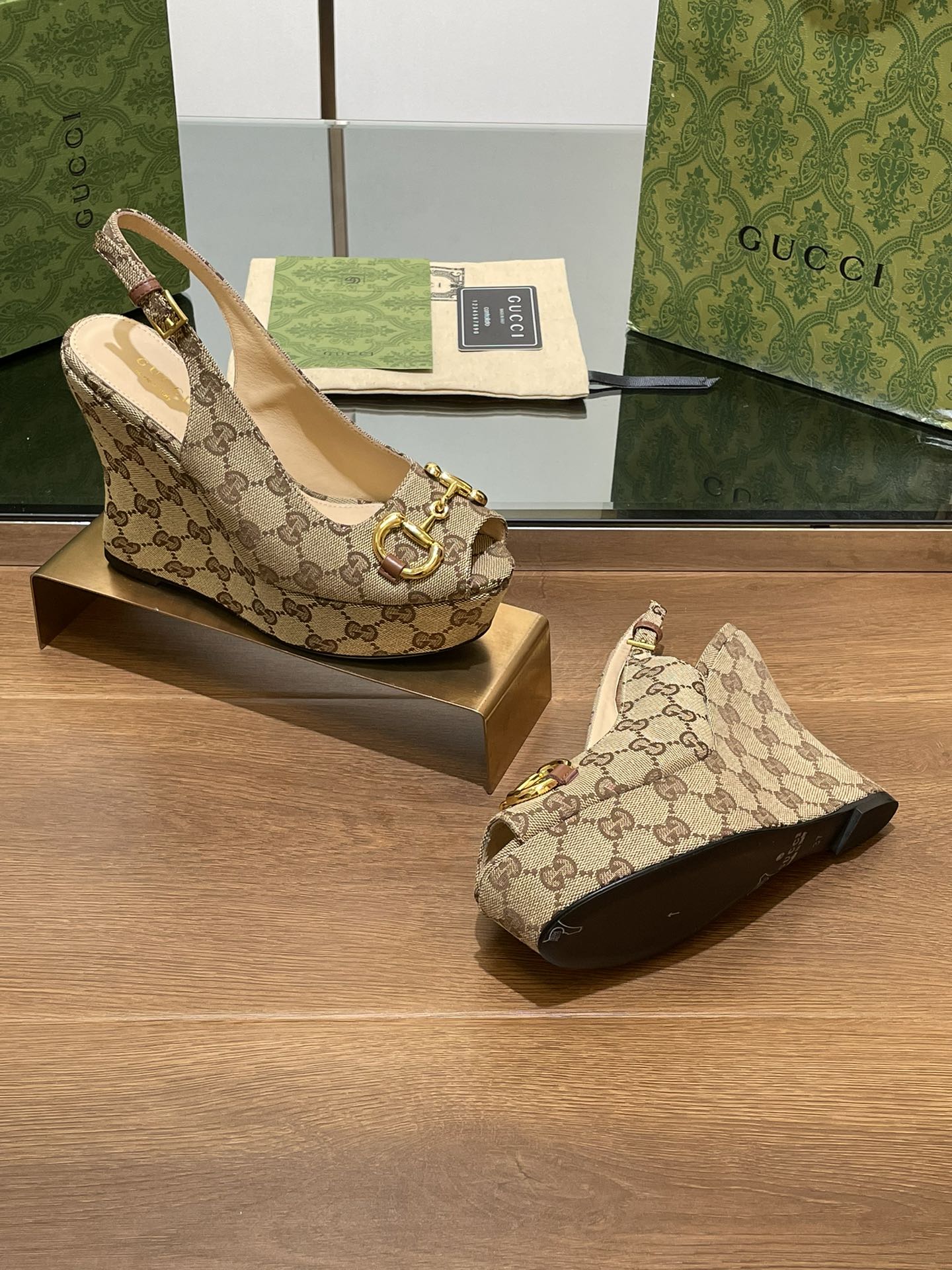 GG WEDGE PLATFORM IN CAMEL BROWN MONOGRAM JACQUARD FABRIC