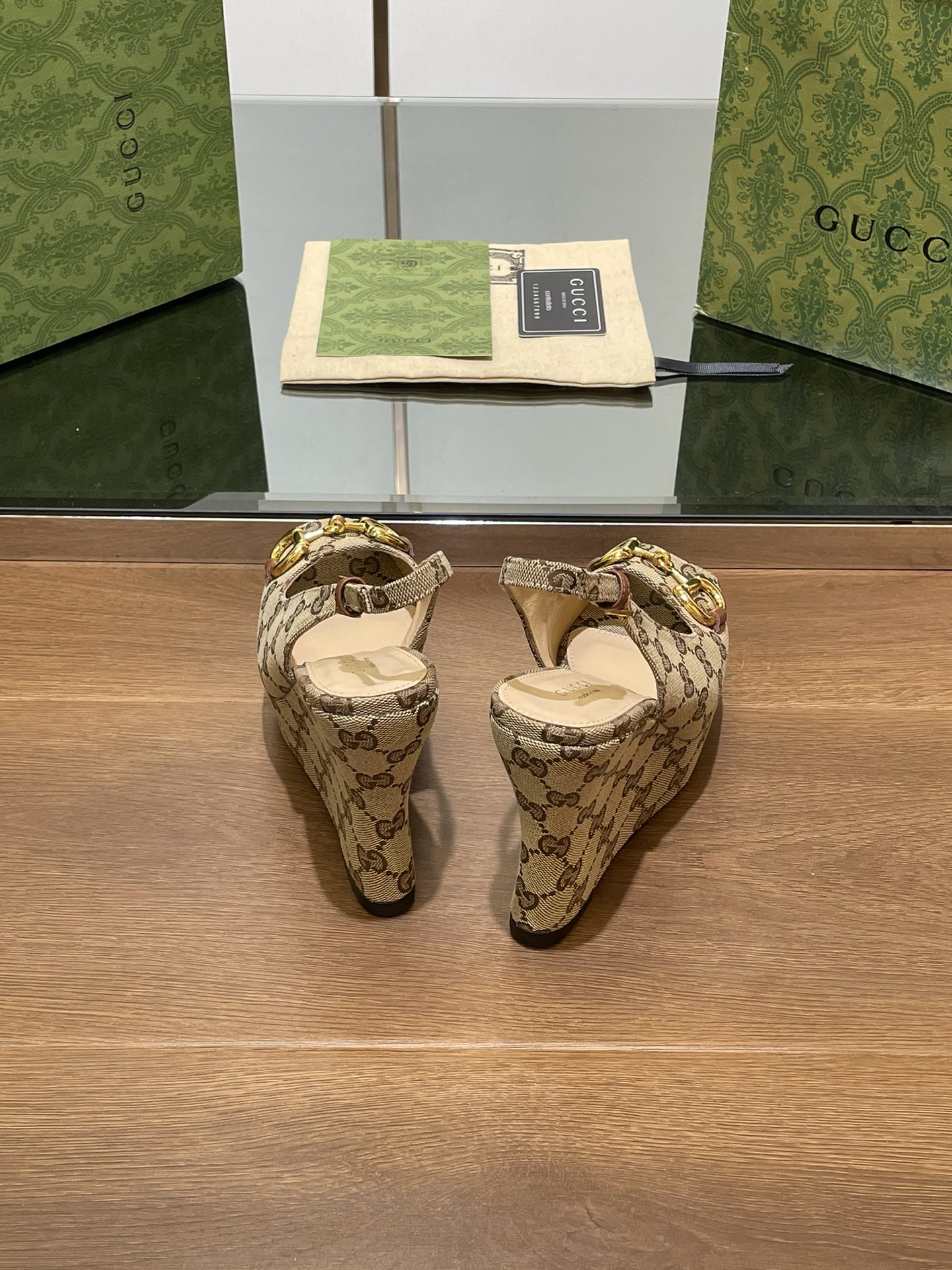 GG WEDGE PLATFORM IN CAMEL BROWN MONOGRAM JACQUARD FABRIC