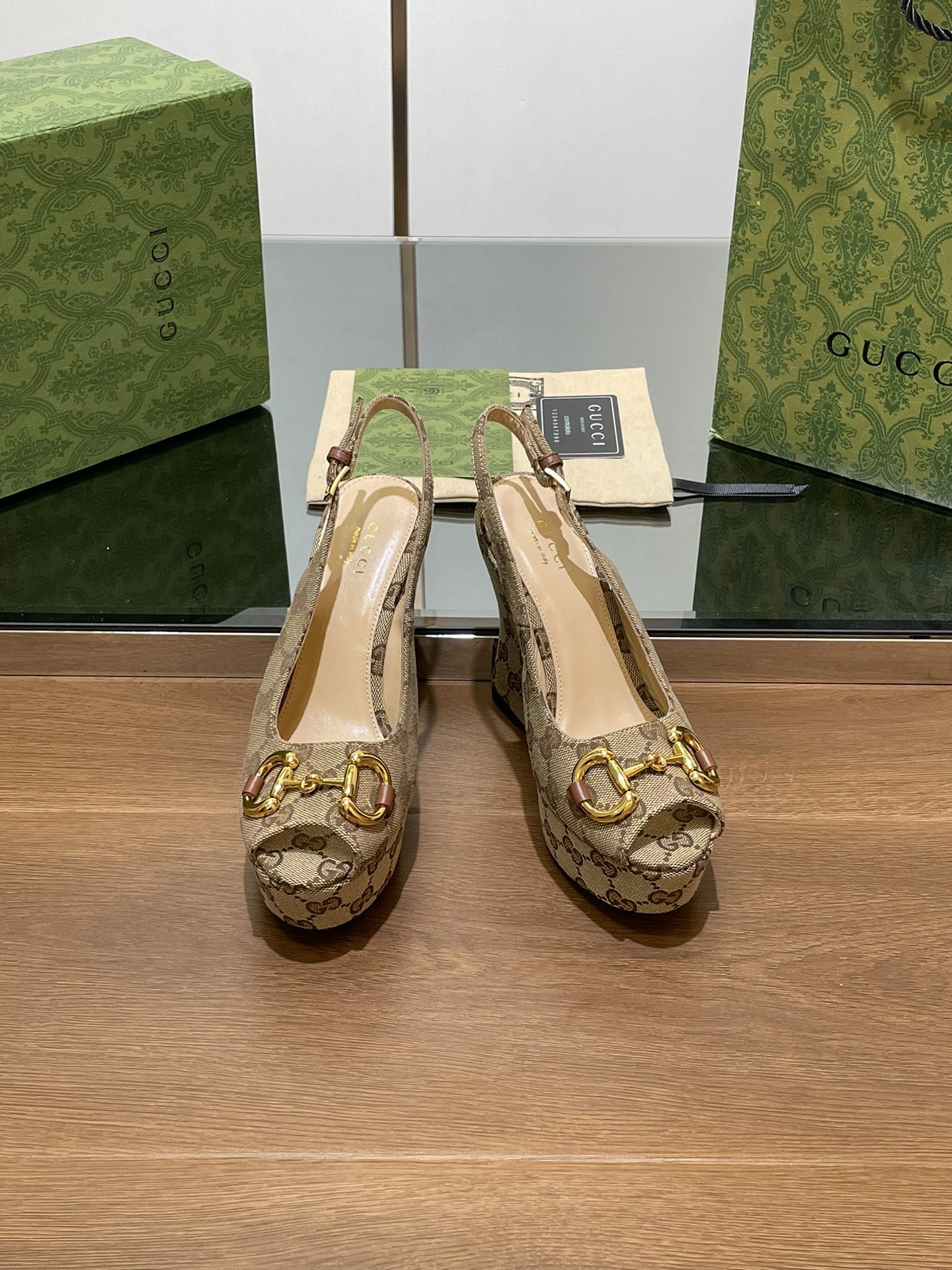 GG WEDGE PLATFORM IN CAMEL BROWN MONOGRAM JACQUARD FABRIC