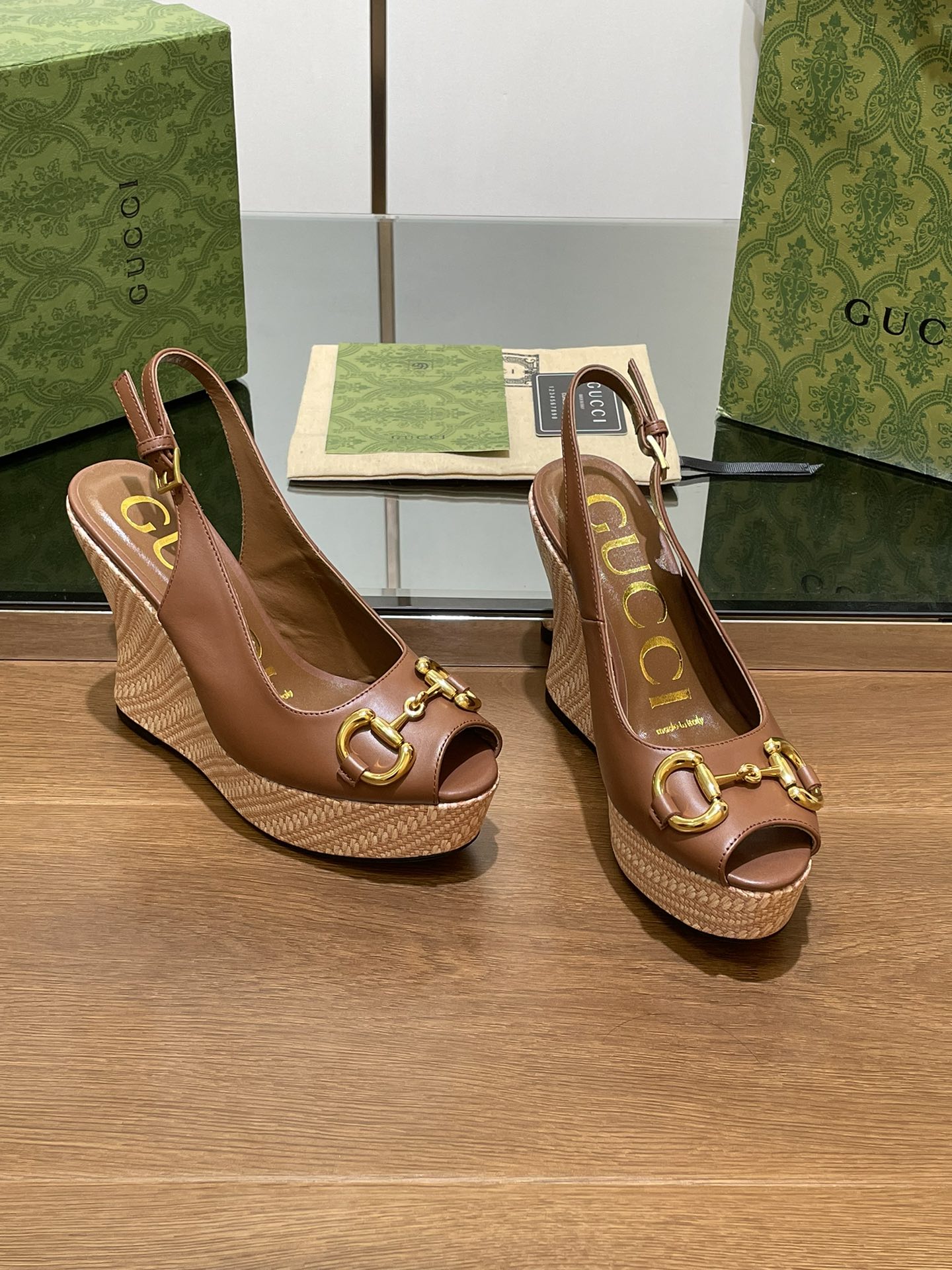 GG WEDGE PLATFORM IN CHOCOLATE BROWN CALFSKIN