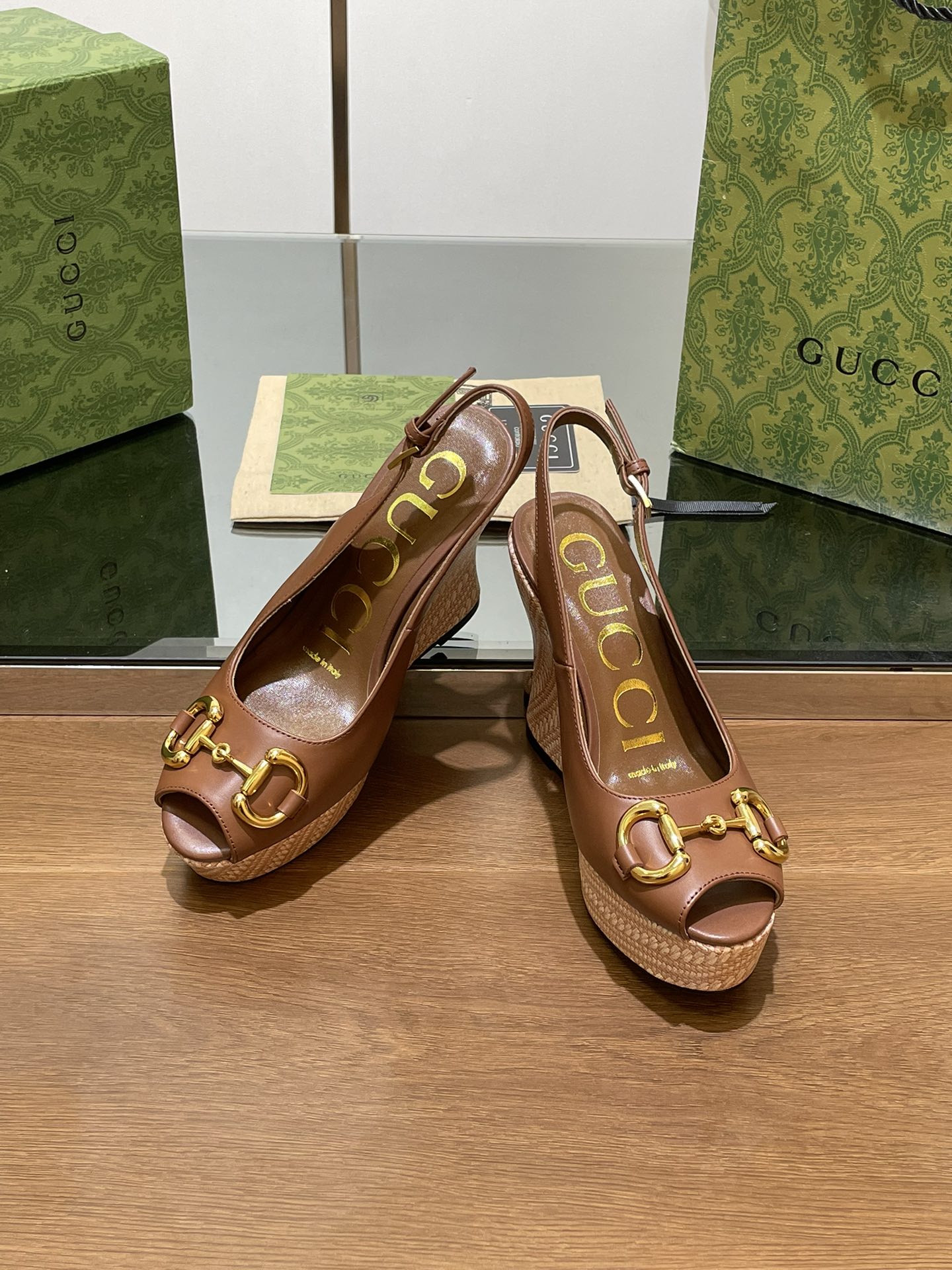 GG WEDGE PLATFORM IN CHOCOLATE BROWN CALFSKIN