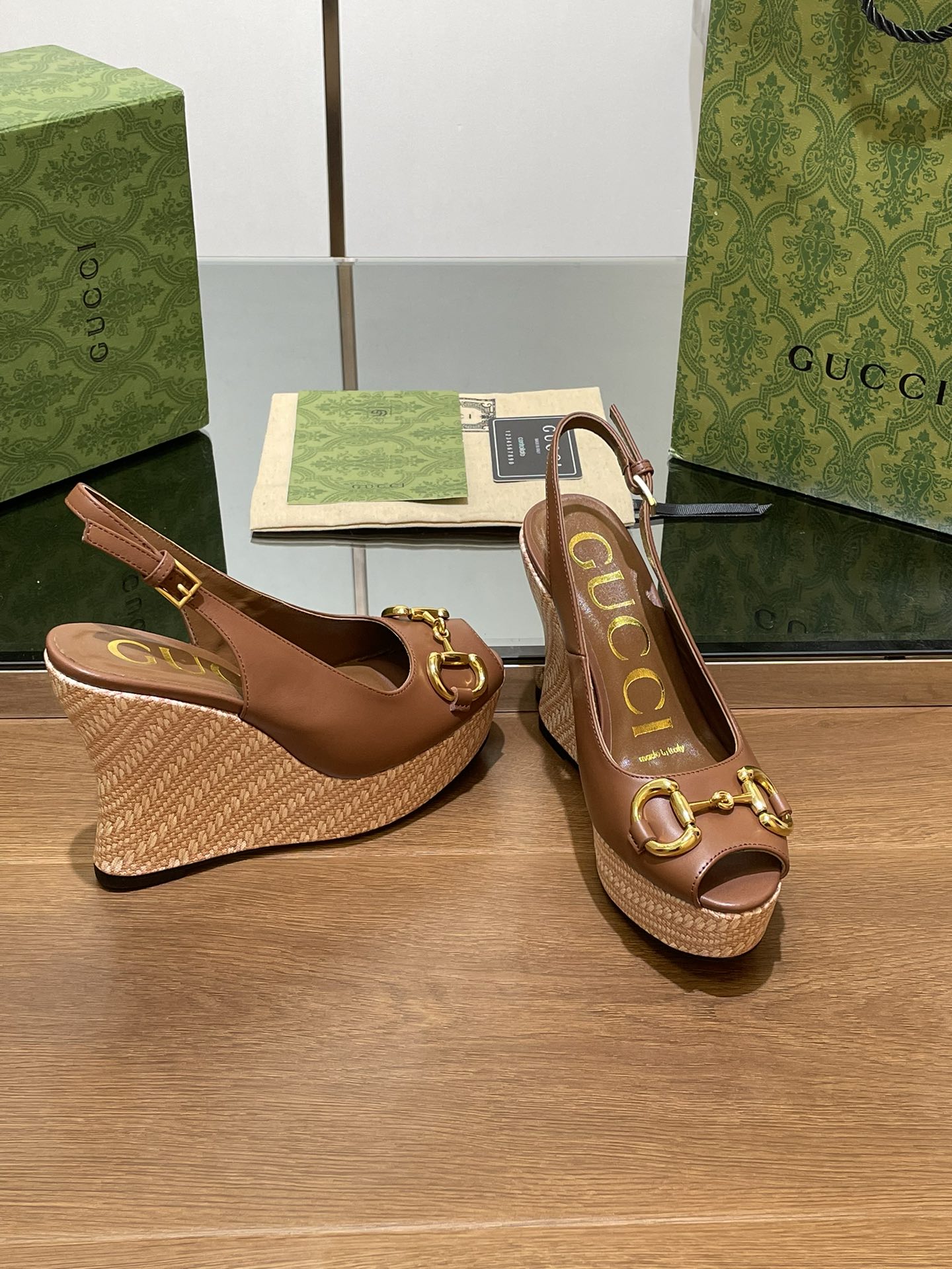 GG WEDGE PLATFORM IN CHOCOLATE BROWN CALFSKIN