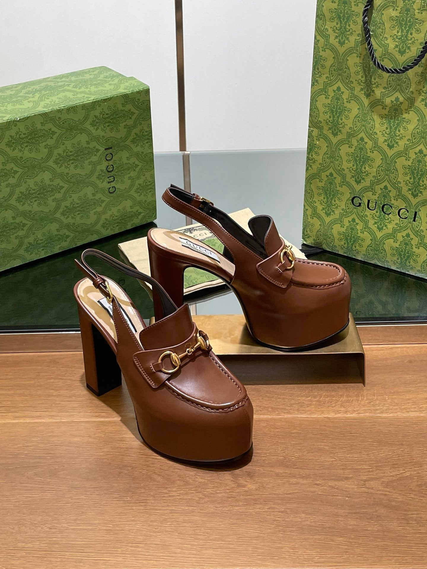 GG WOMEN'S HORSEBIT PLATFORM SLINGBACK IN DARK BROWN CALFSKIN