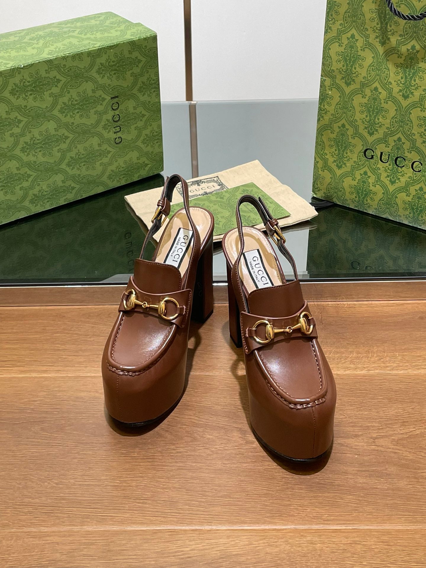 GG WOMEN'S HORSEBIT PLATFORM SLINGBACK IN DARK BROWN CALFSKIN