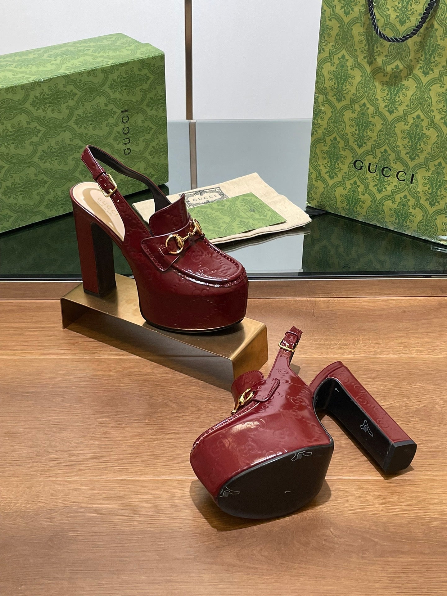 GG WOMEN'S HORSEBIT PLATFORM SLINGBACK IN  ROSSO ANCORA RED CALFSKIN