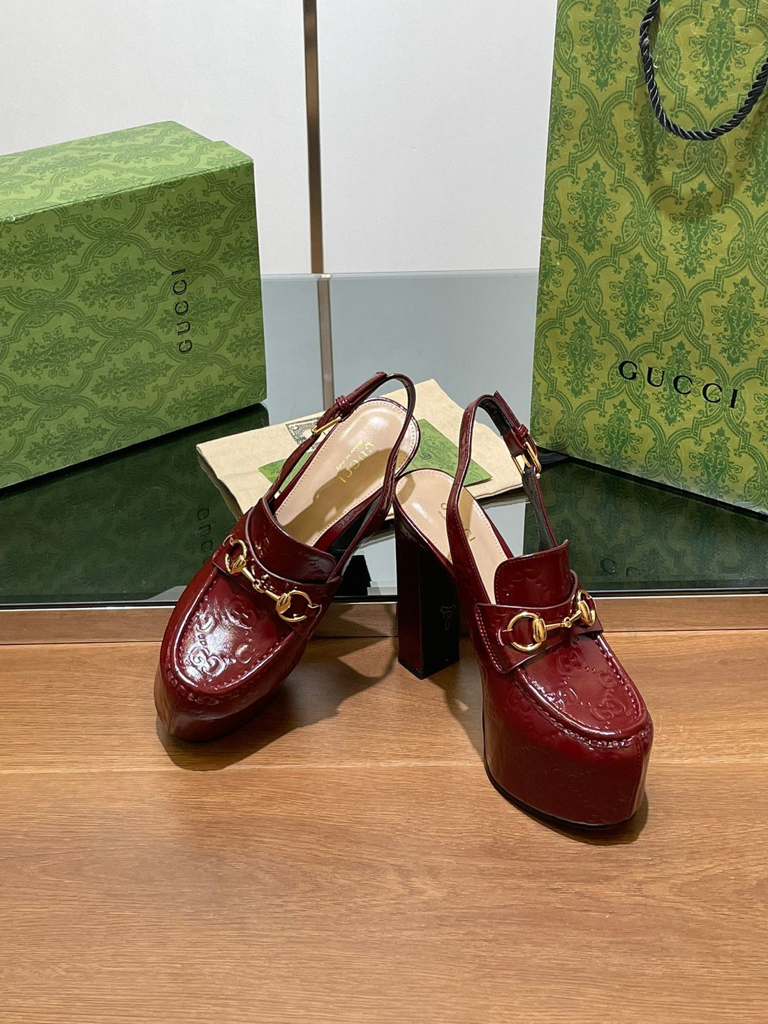 GG WOMEN'S HORSEBIT PLATFORM SLINGBACK IN  ROSSO ANCORA RED CALFSKIN