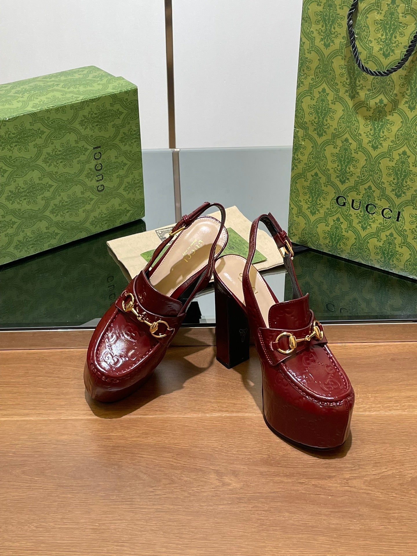 GG WOMEN'S HORSEBIT PLATFORM SLINGBACK IN  ROSSO ANCORA RED CALFSKIN