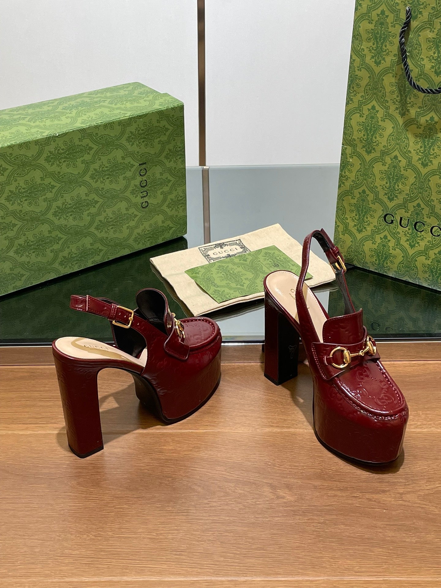 GG WOMEN'S HORSEBIT PLATFORM SLINGBACK IN  ROSSO ANCORA RED CALFSKIN