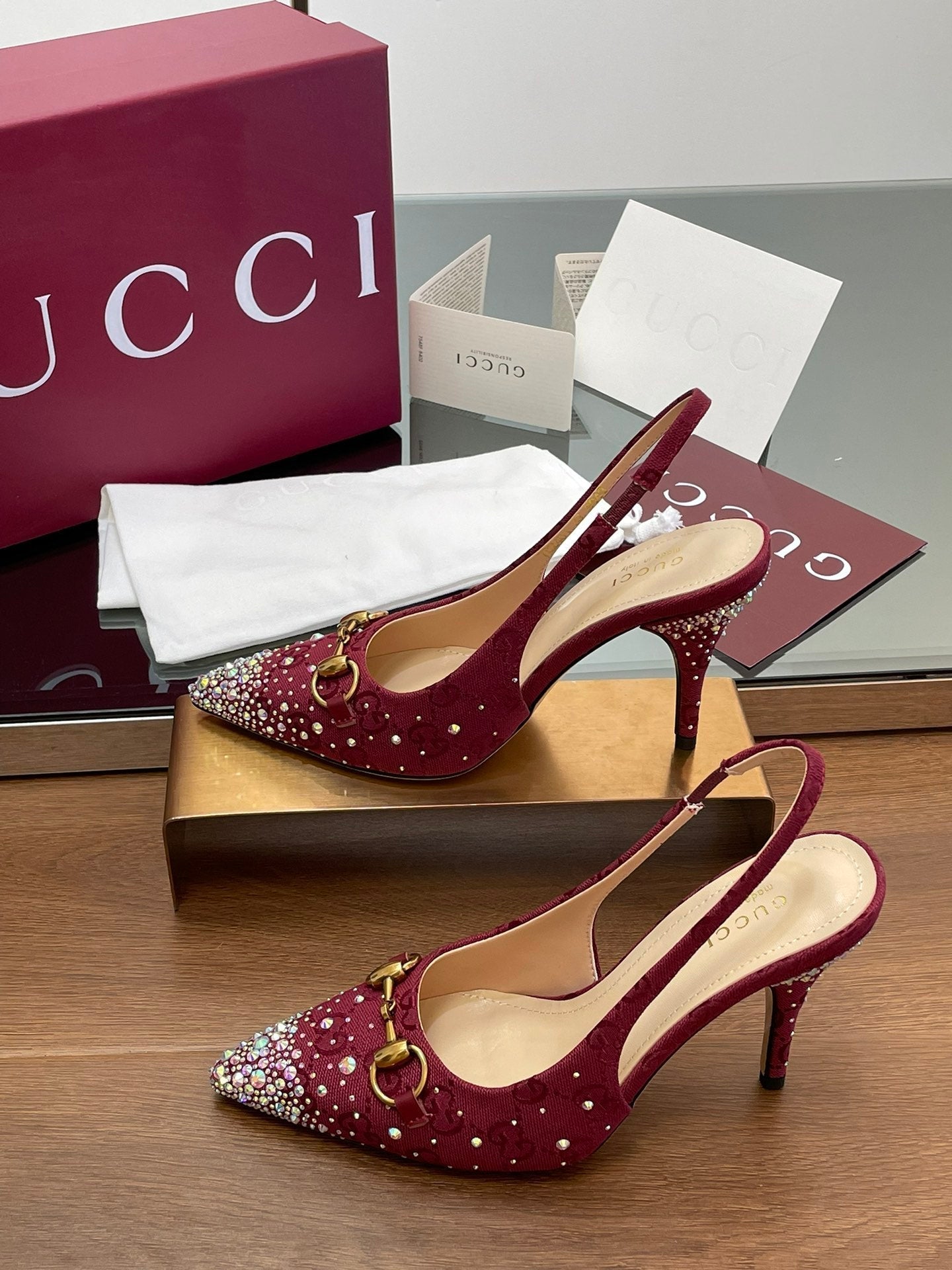 GG Horsebit Slingback 85MM Red Ebony Monogram Canvas Point Toe Crystal-Embellished