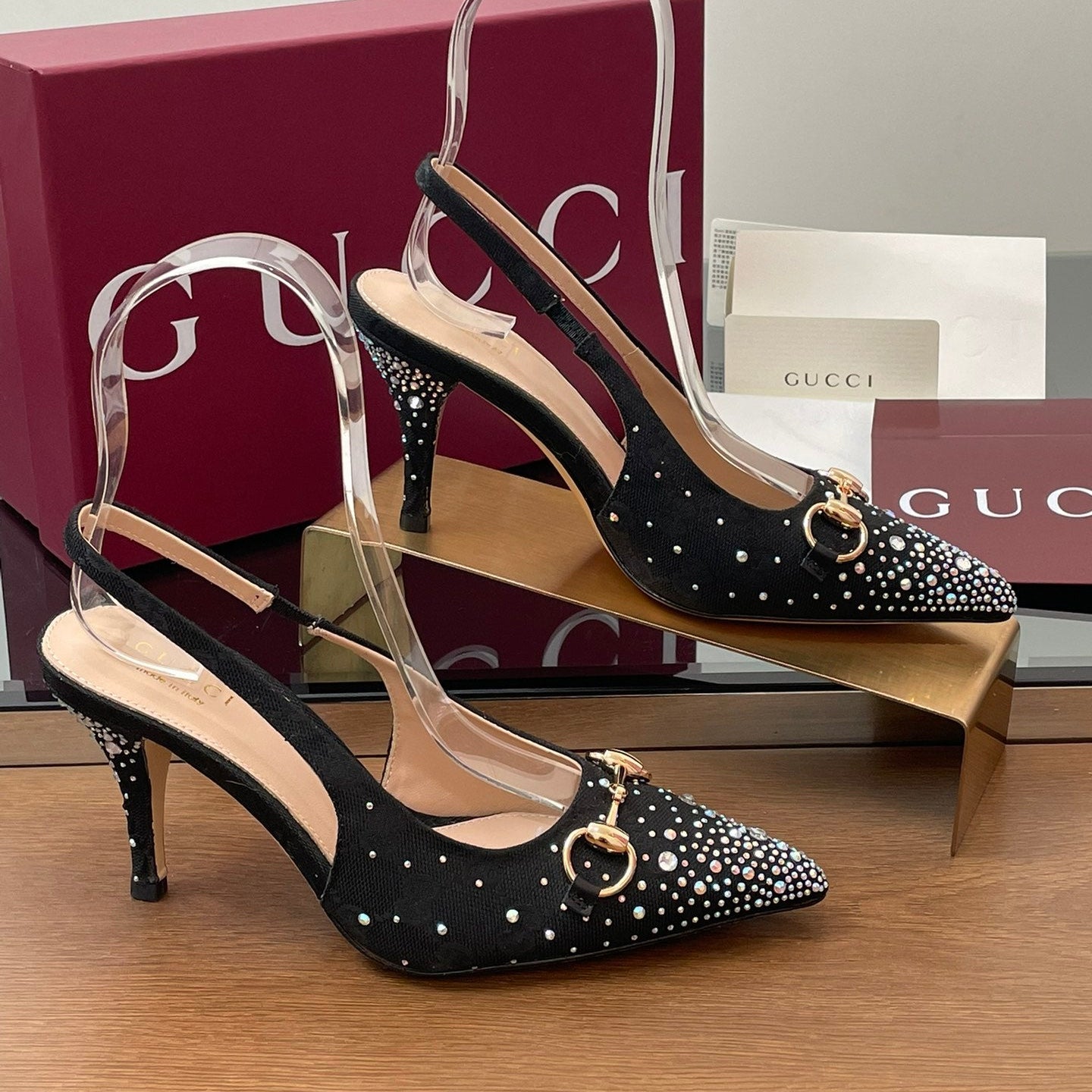 GG Horsebit Slingback 45MM Black Ebony Monogram Canvas Point Toe Crystal-Embellished