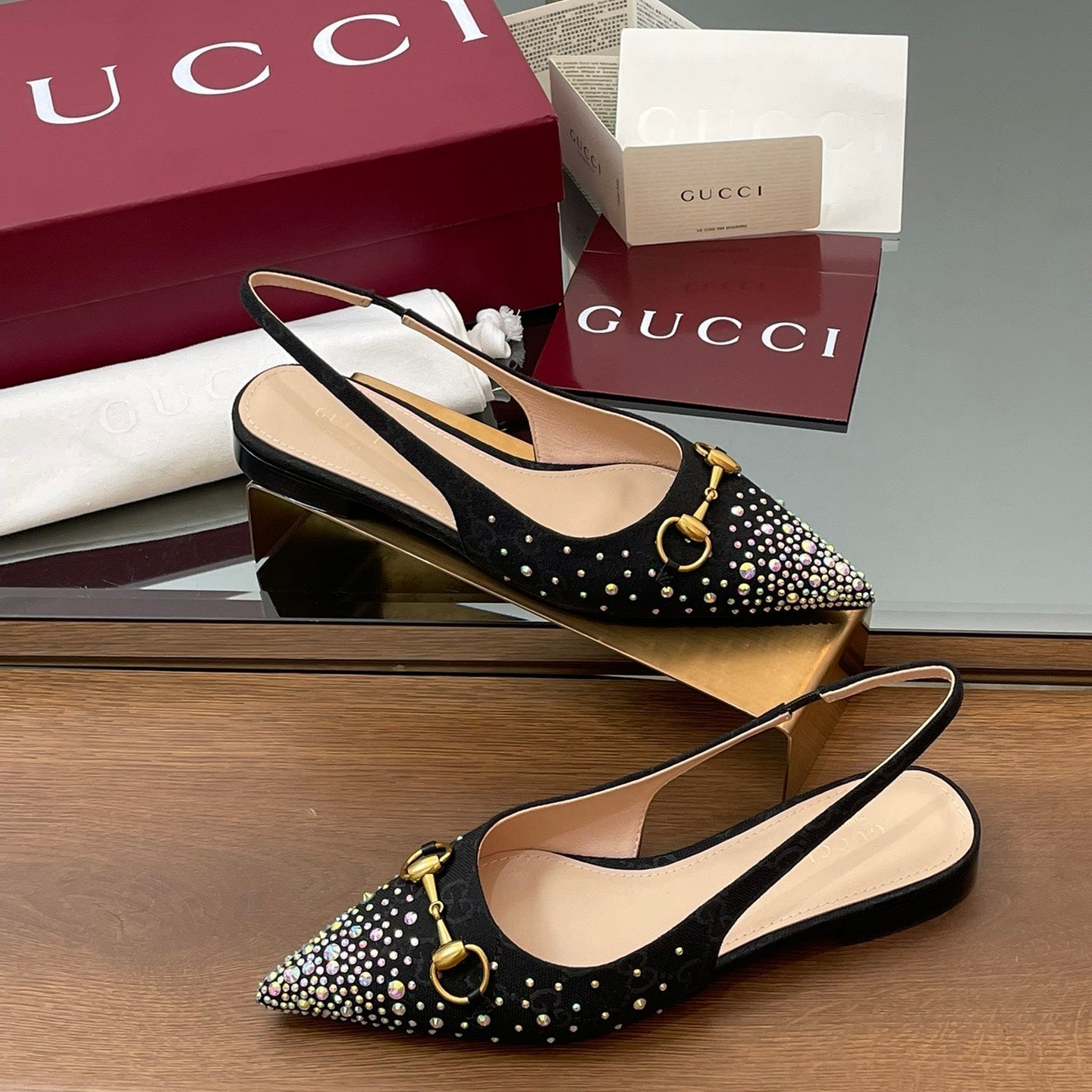 GG Horsebit Slingback Flat Black Ebony Monogram Canvas Point Toe Crystal-Embellished