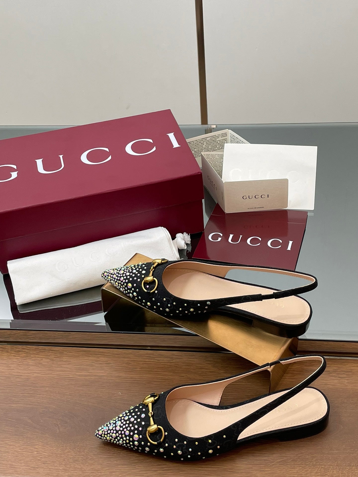 GG Horsebit Slingback Flat Black Ebony Monogram Canvas Point Toe Crystal-Embellished