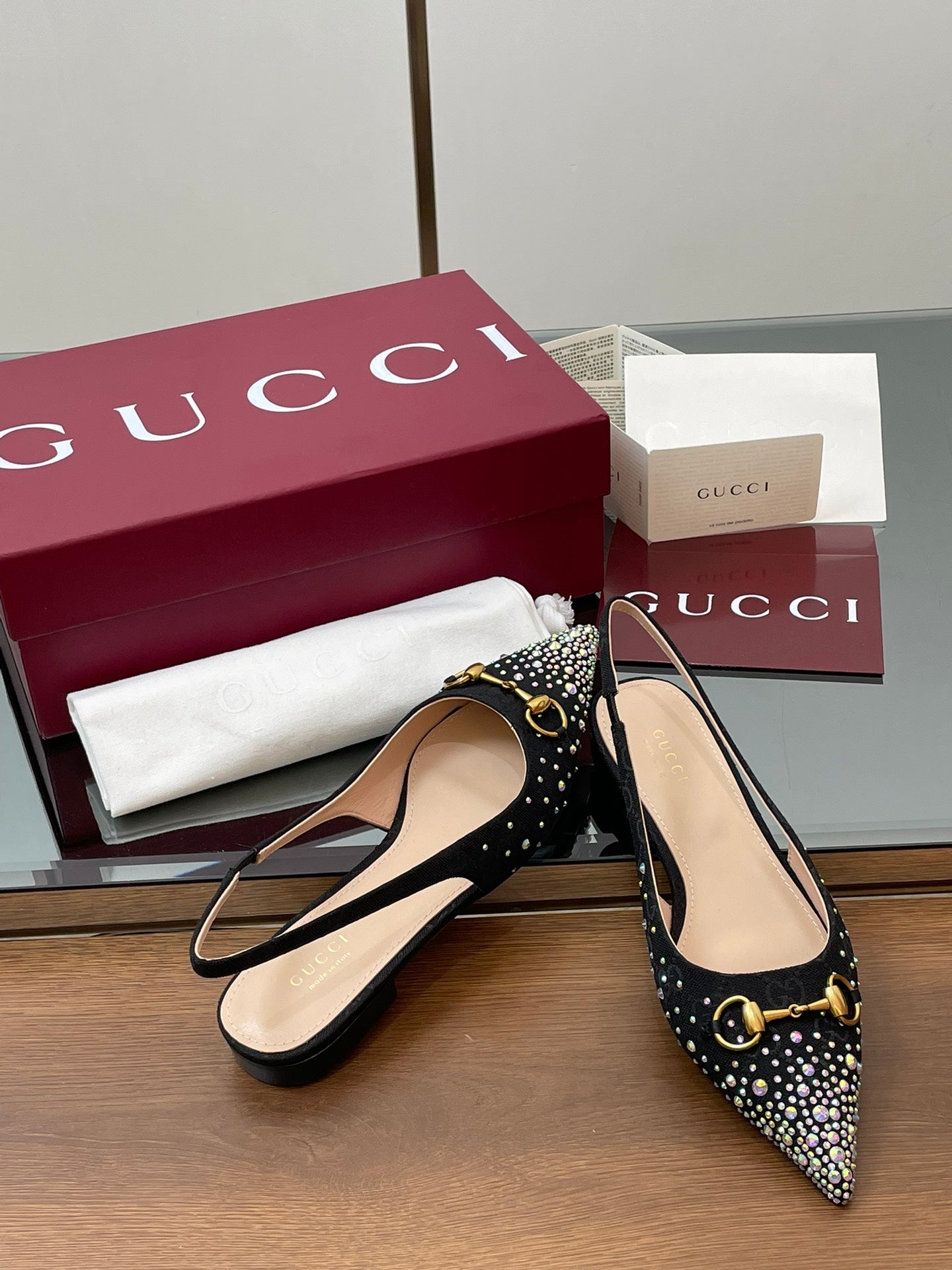 GG Horsebit Slingback Flat Black Ebony Monogram Canvas Point Toe Crystal-Embellished