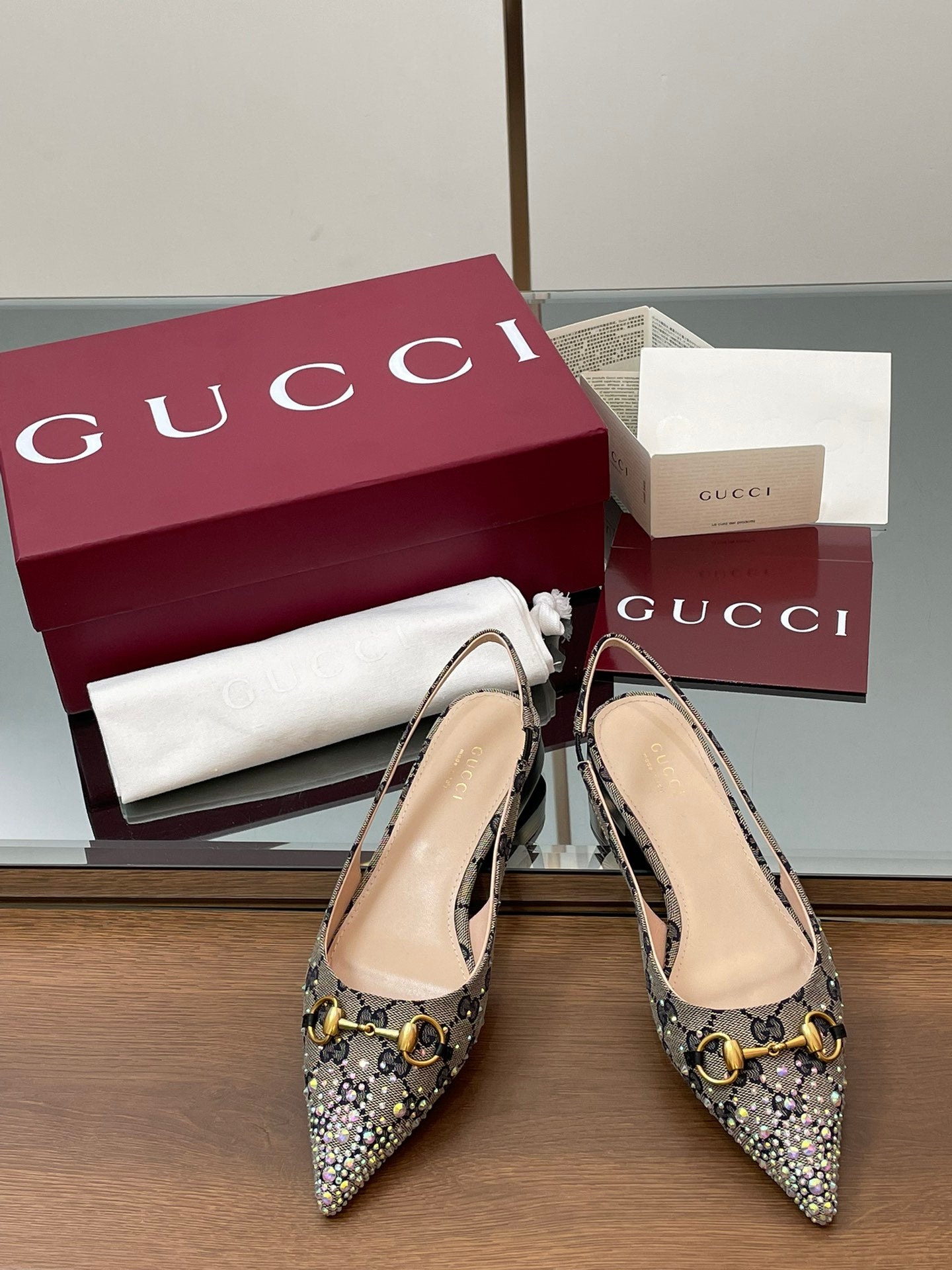 GG Horsebit Slingback Flat Black Ebony Monogram Canvas Point Toe Crystal-Embellished