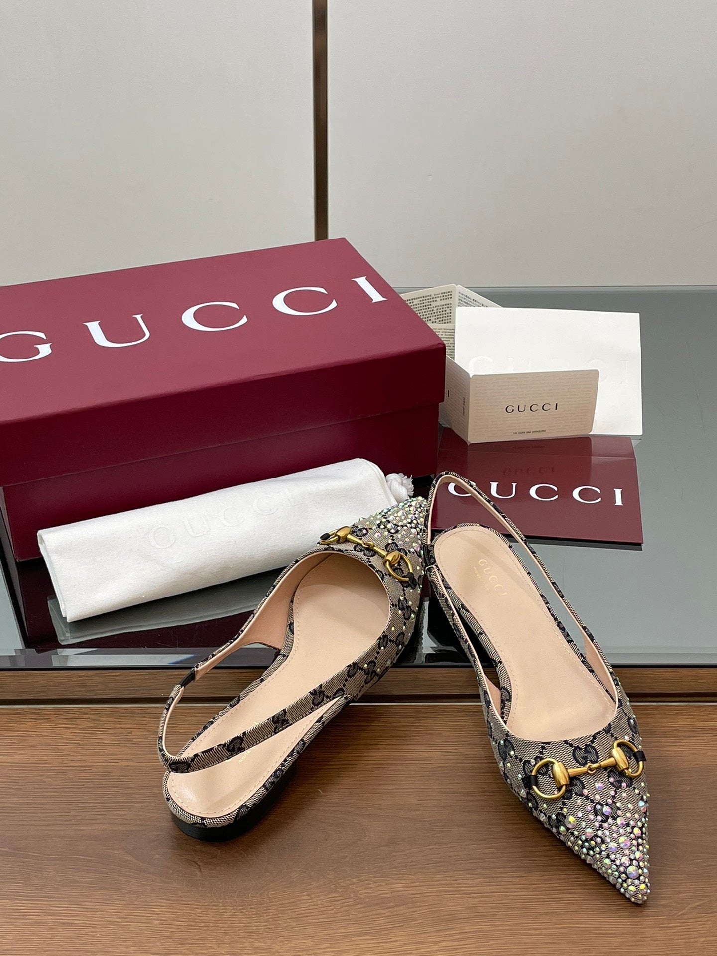 GG Horsebit Slingback Flat Black Ebony Monogram Canvas Point Toe Crystal-Embellished