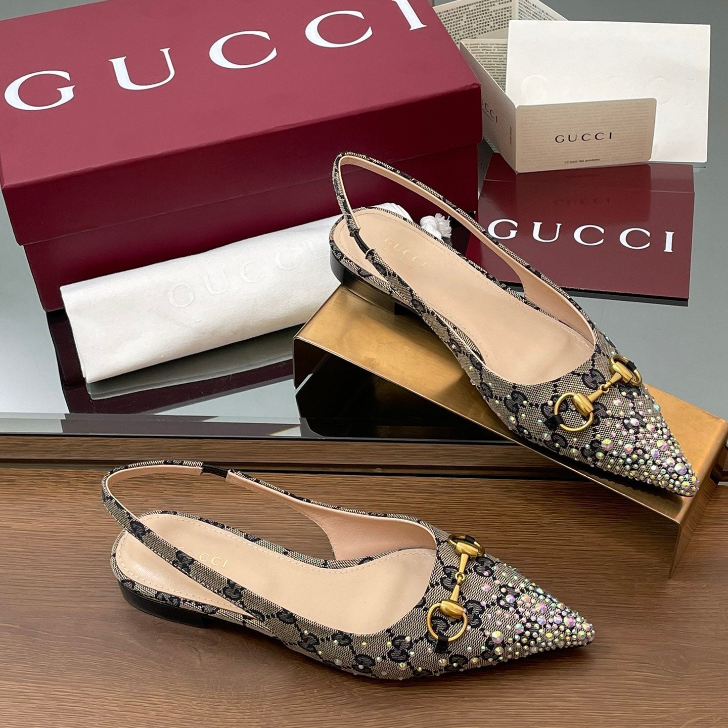 GG Horsebit Slingback Flat Black Ebony Monogram Canvas Point Toe Crystal-Embellished