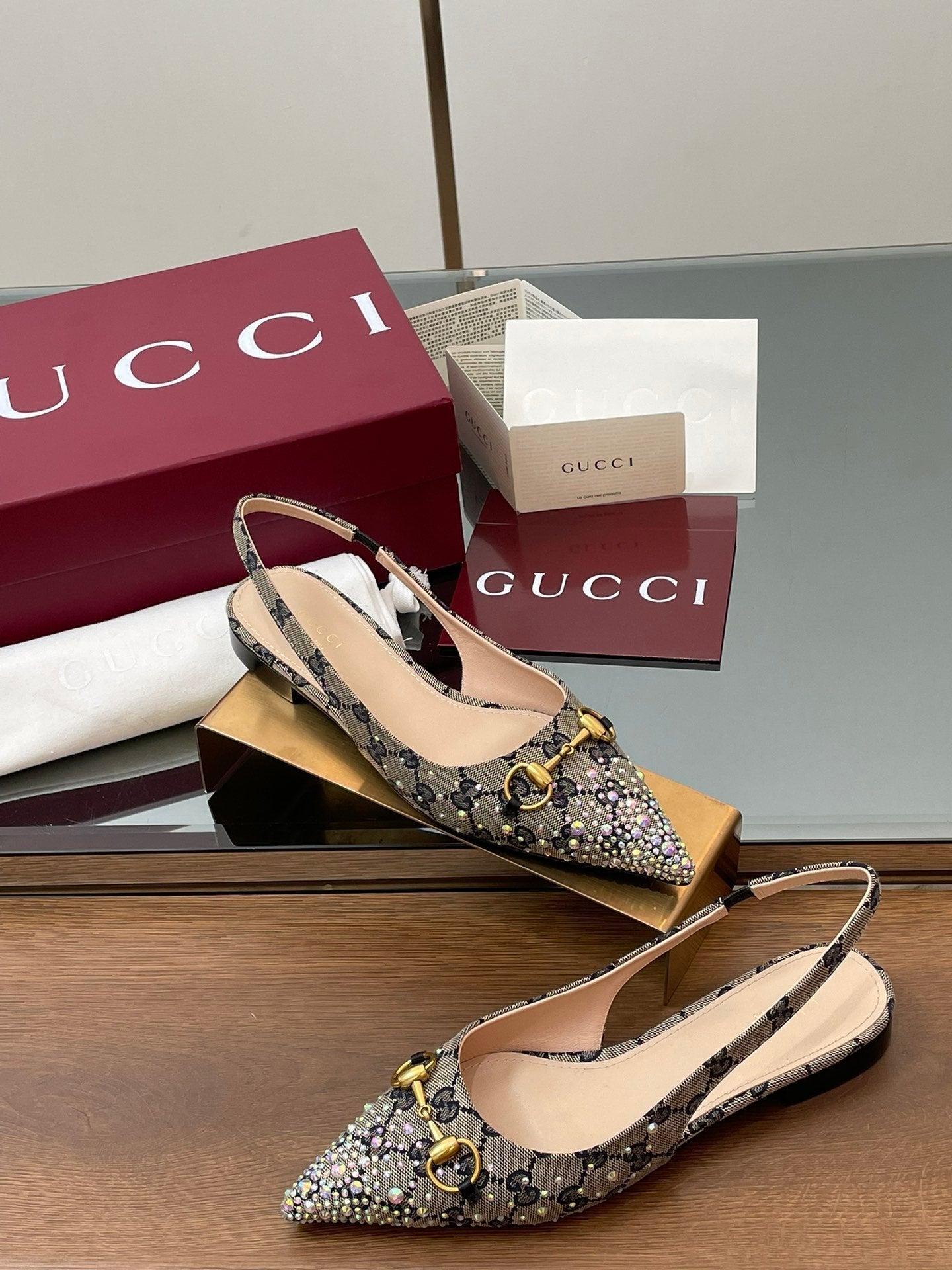 GG Horsebit Slingback Flat Black Ebony Monogram Canvas Point Toe Crystal-Embellished