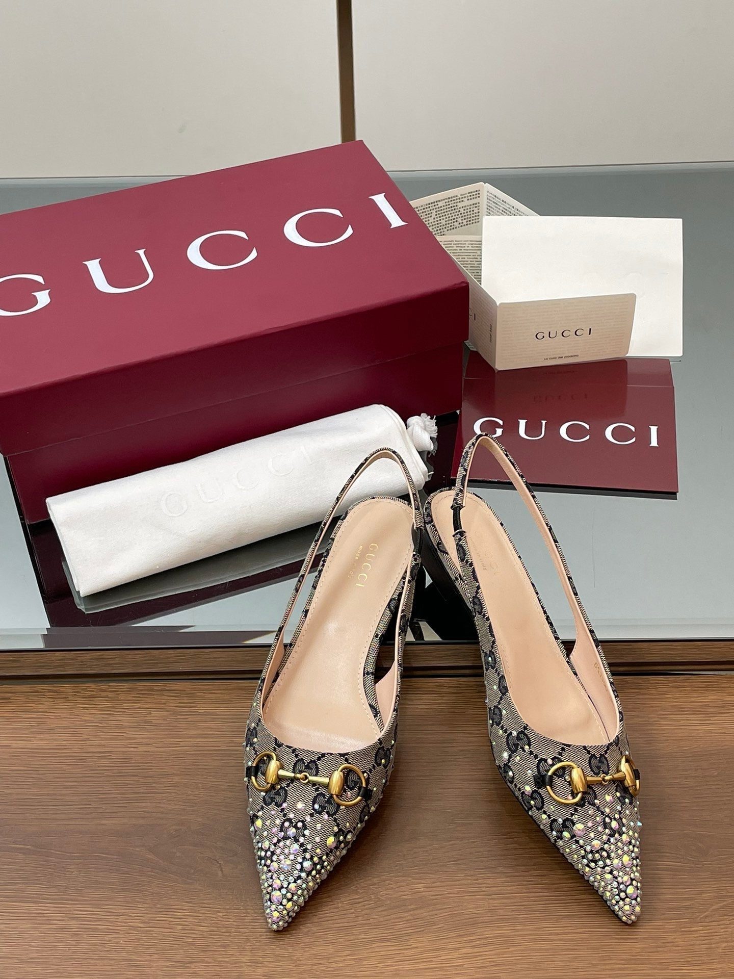 GG Horsebit Slingback Flat Black Ebony Monogram Canvas Point Toe Crystal-Embellished