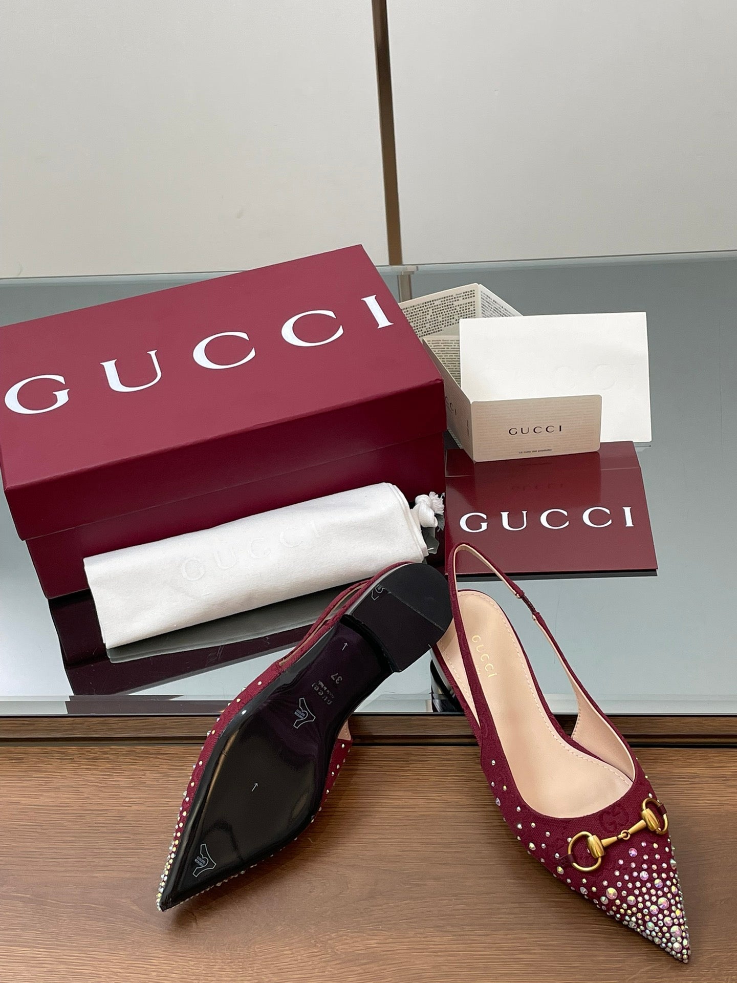 GG Horsebit Slingback Flat Red Ebony Monogram Canvas Point Toe Crystal-Embellished