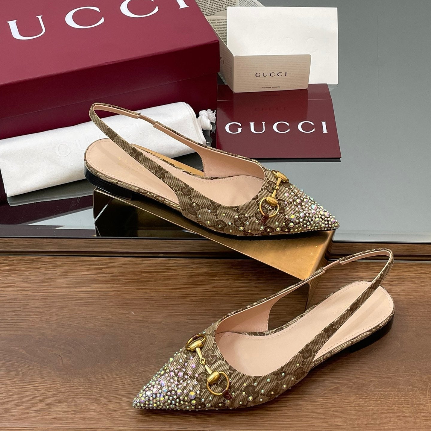 GG Horsebit Slingback Flat Beige Ebony Monogram Canvas Point Toe Crystal-Embellished