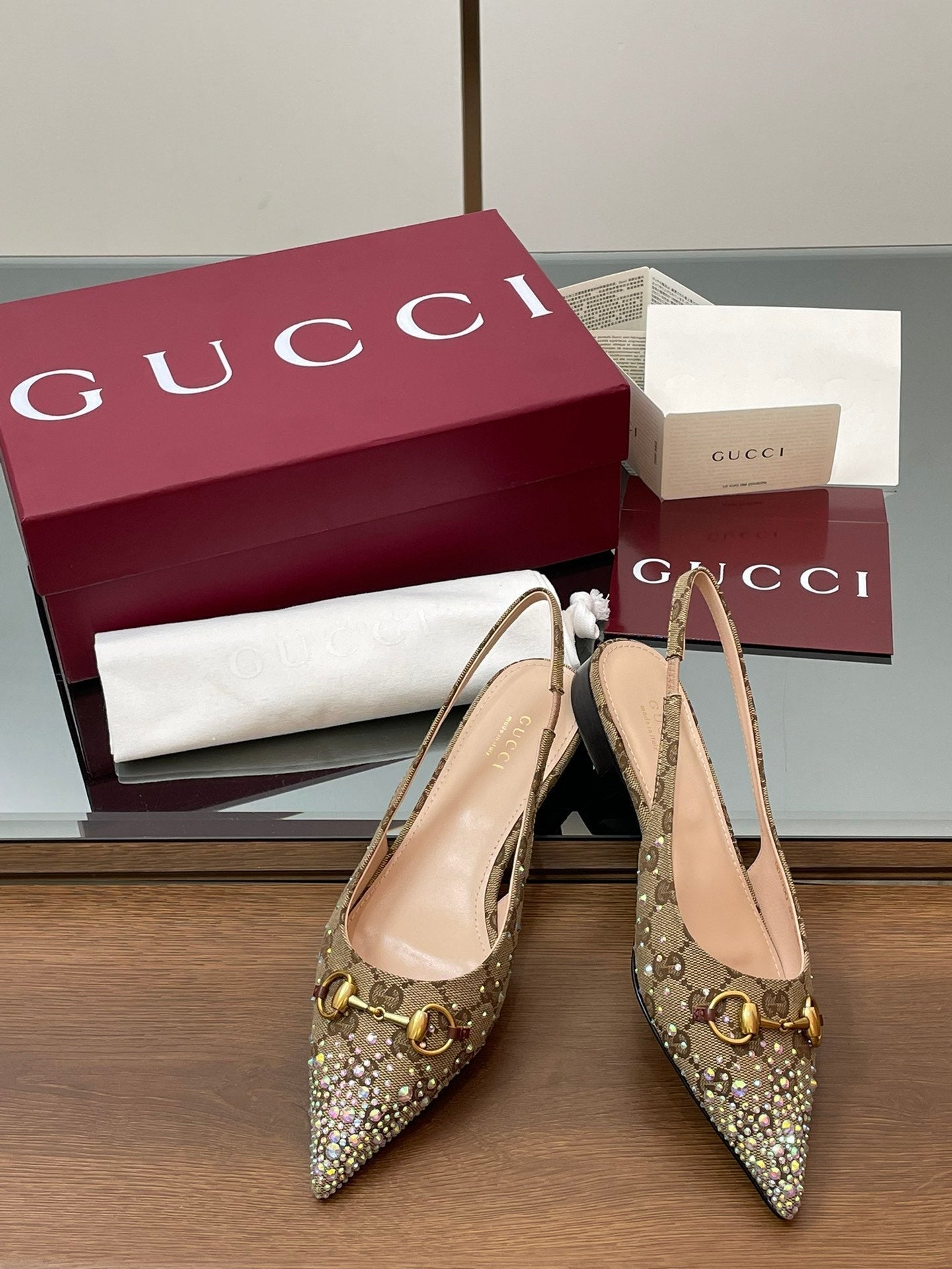 GG Horsebit Slingback Flat Beige Ebony Monogram Canvas Point Toe Crystal-Embellished