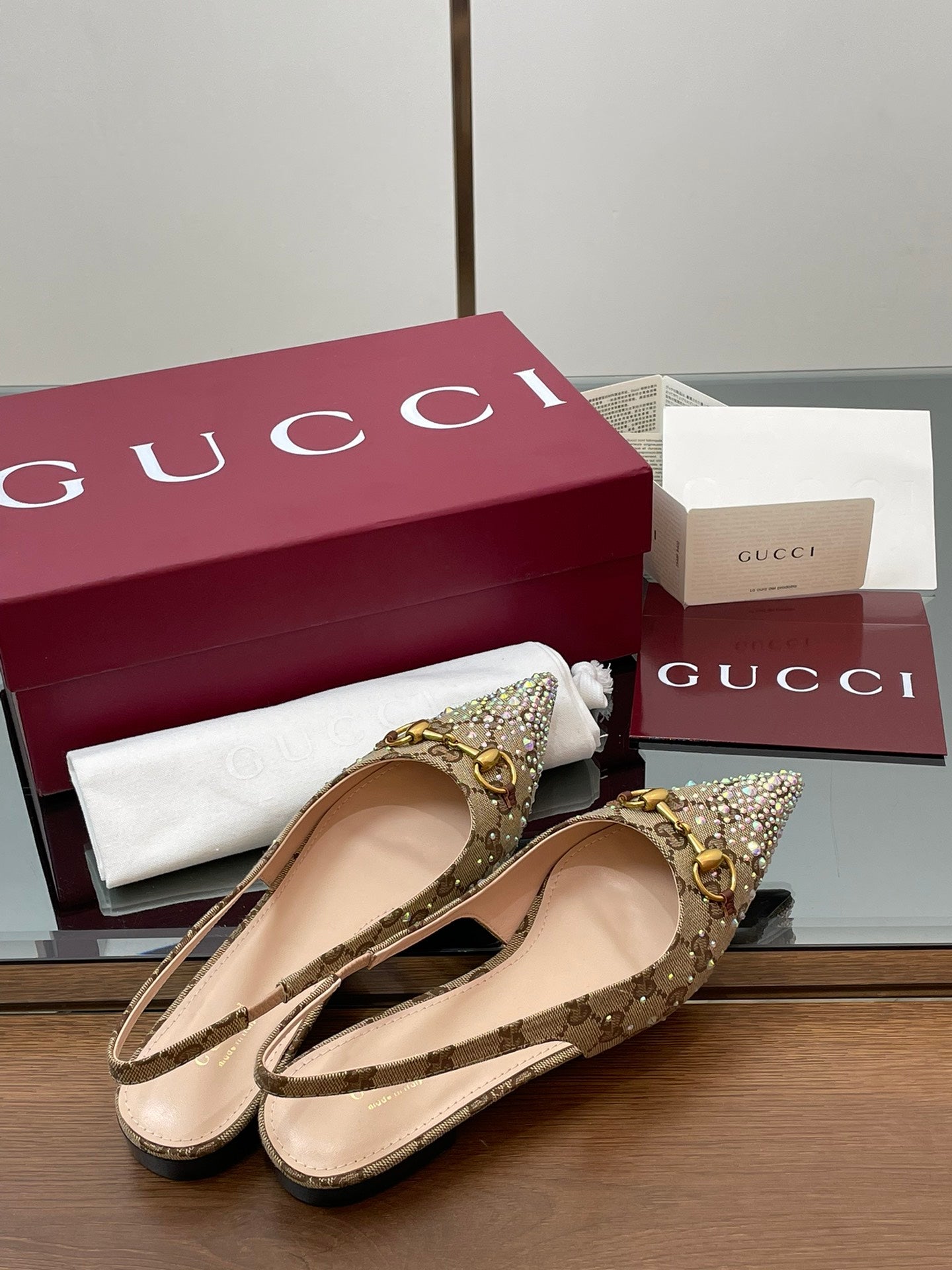 GG Horsebit Slingback Flat Beige Ebony Monogram Canvas Point Toe Crystal-Embellished