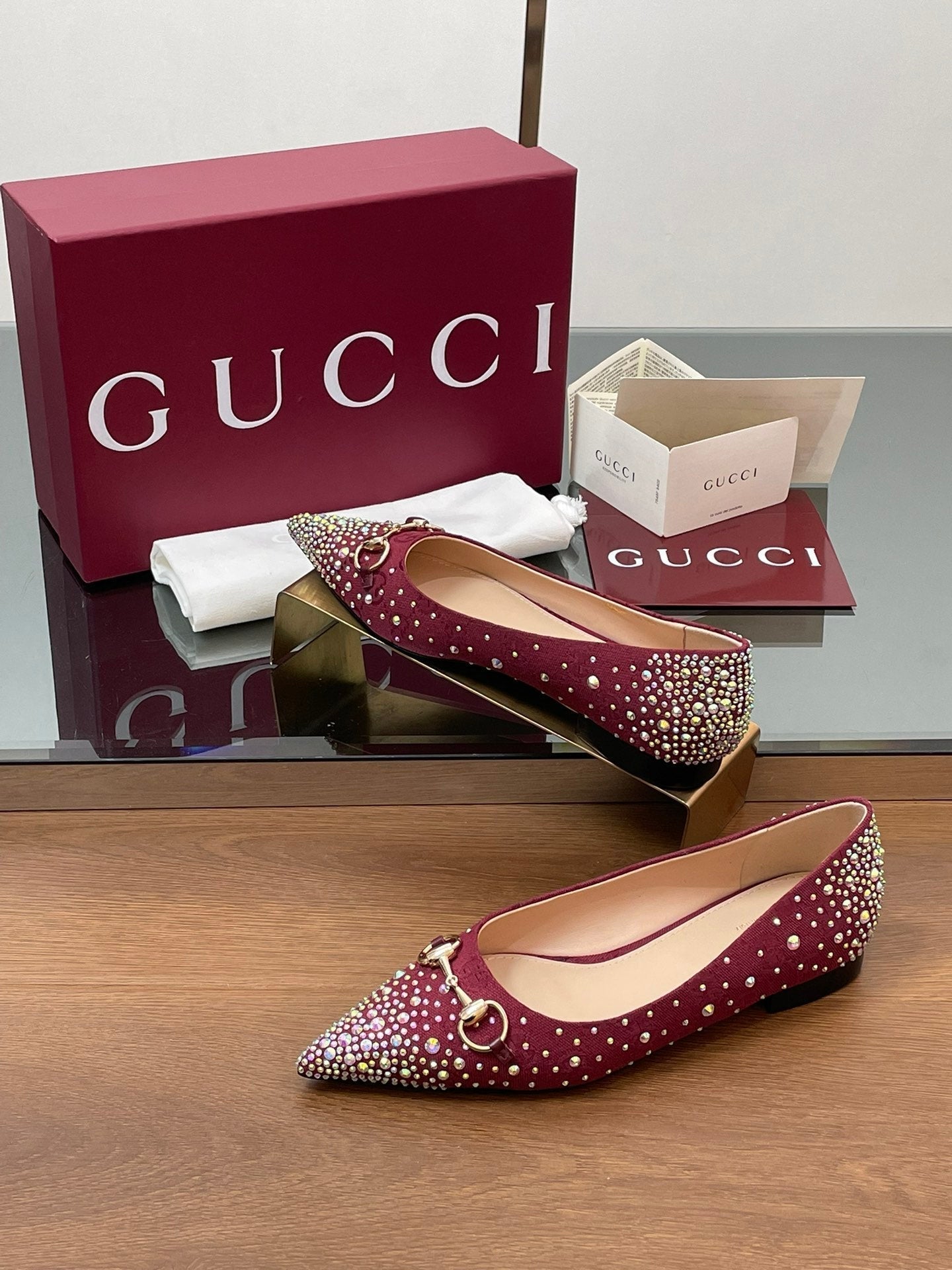 GG Horsebit Ballet Flat Red Ebony Monogram Canvas Crystal-Embellished