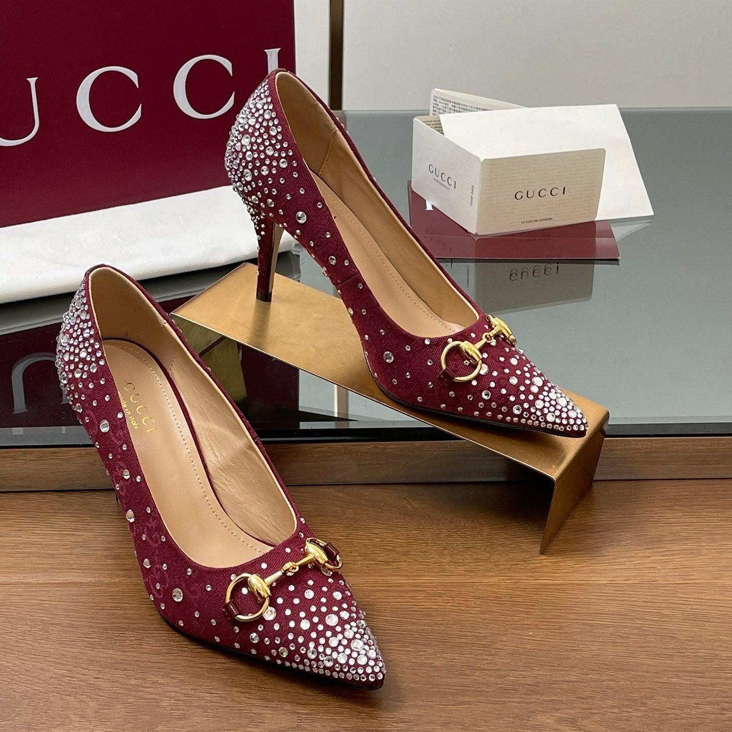 GG Horsebit Pump 85 Red Ebony Monogram Canvas Crystal-Embellished