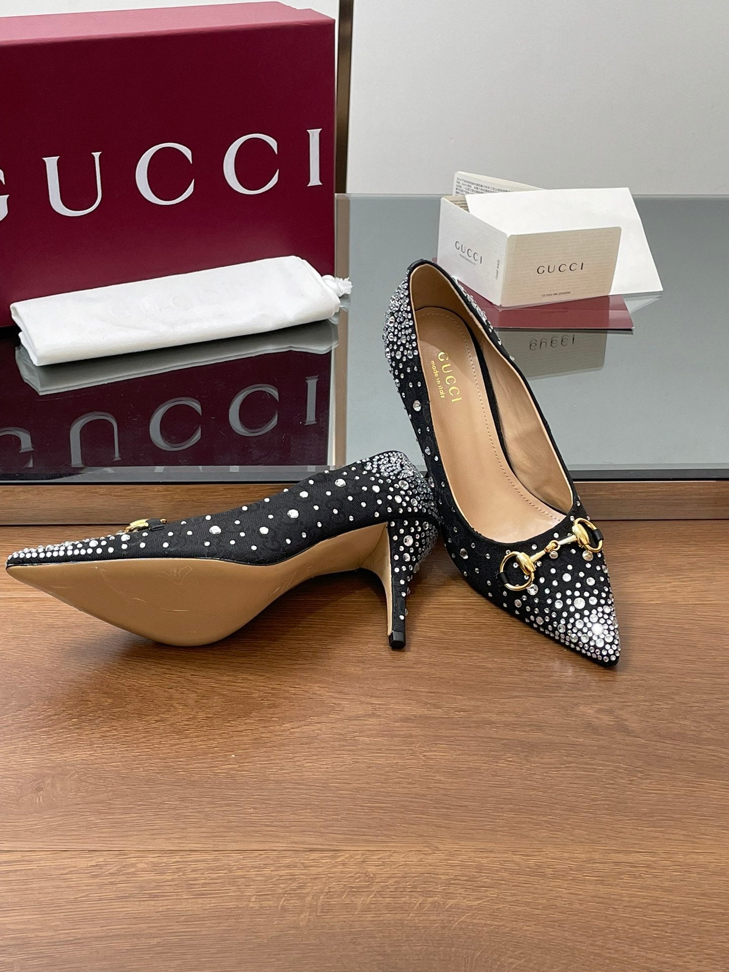 GG Horsebit Pump 85 Black Ebony Monogram Canvas Crystal-Embellished