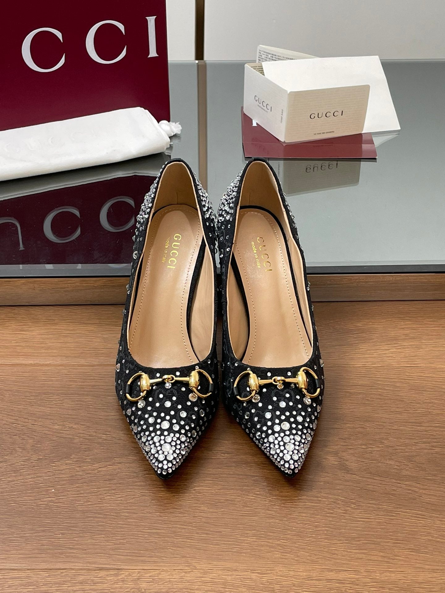 GG Horsebit Pump 85 Black Ebony Monogram Canvas Crystal-Embellished