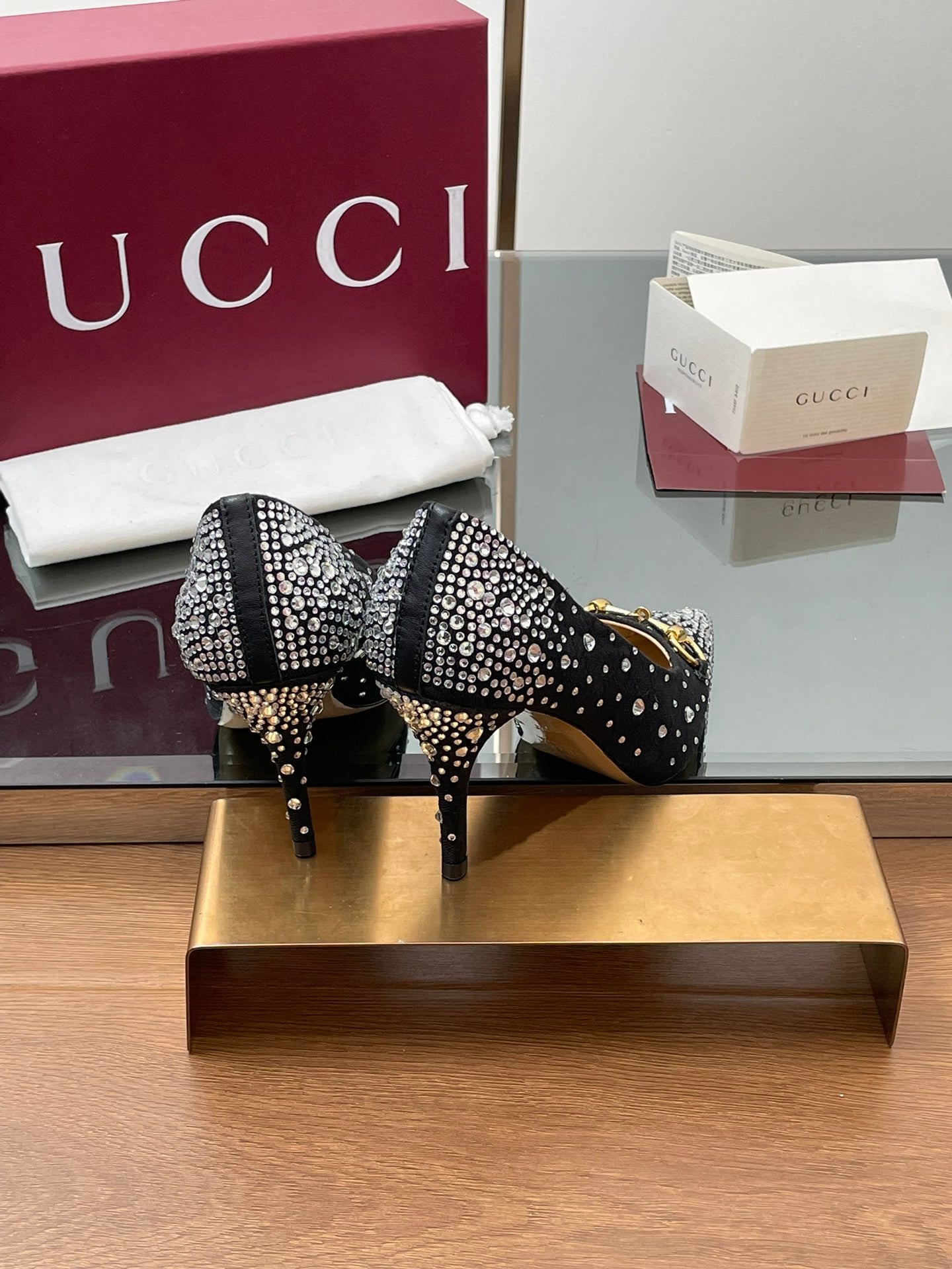 GG Horsebit Pump 85 Black Ebony Monogram Canvas Crystal-Embellished