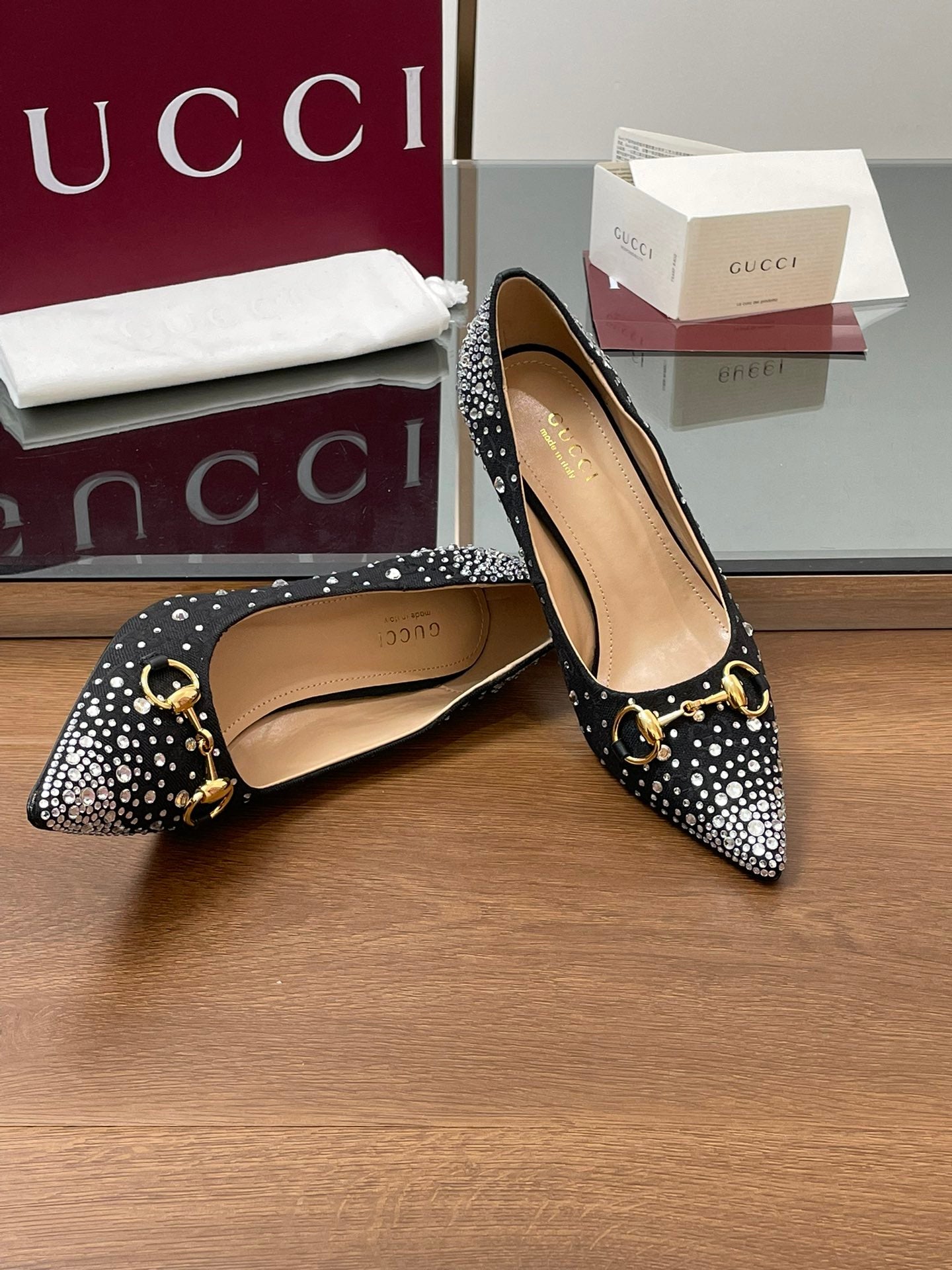 GG Horsebit Pump 85 Black Ebony Monogram Canvas Crystal-Embellished