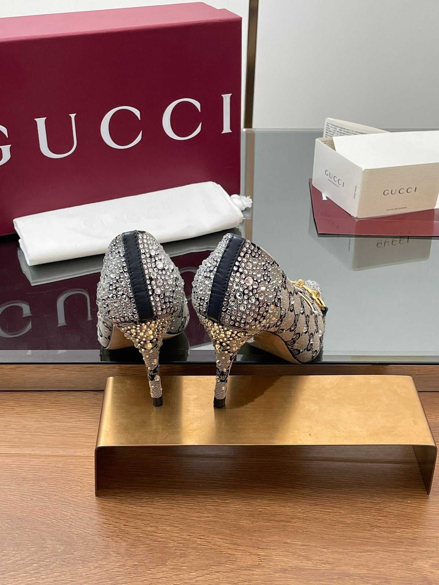 GG Horsebit Pump 85 Beige Black Monogram Canvas Crystal-Embellished