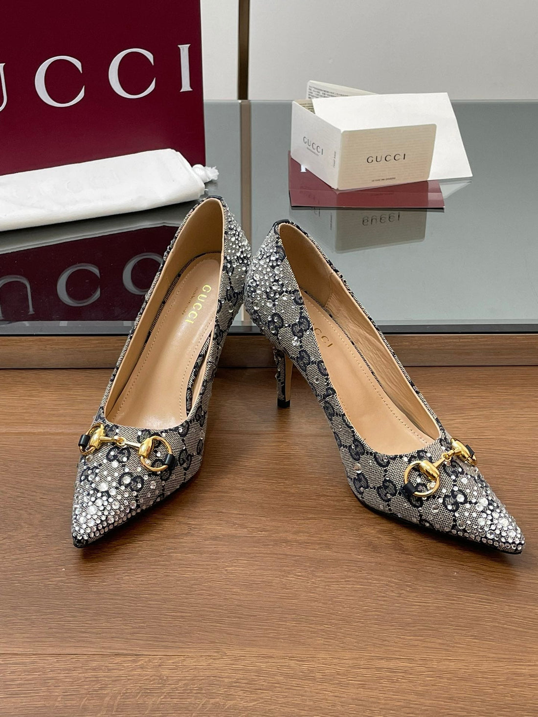 GG Horsebit Pump 85 Beige Black Monogram Canvas Crystal-Embellished