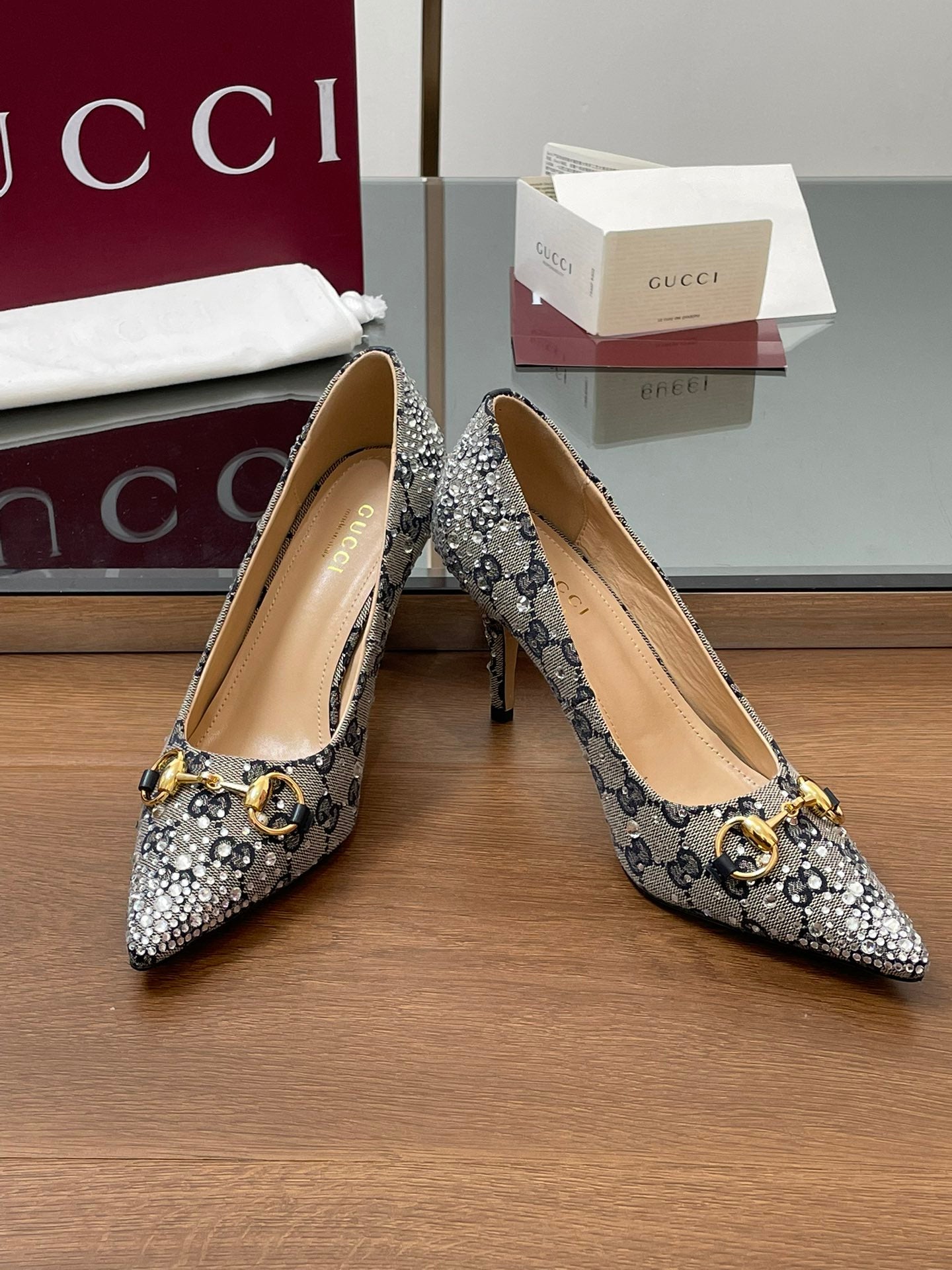 GG Horsebit Pump 85 Beige Black Monogram Canvas Crystal-Embellished