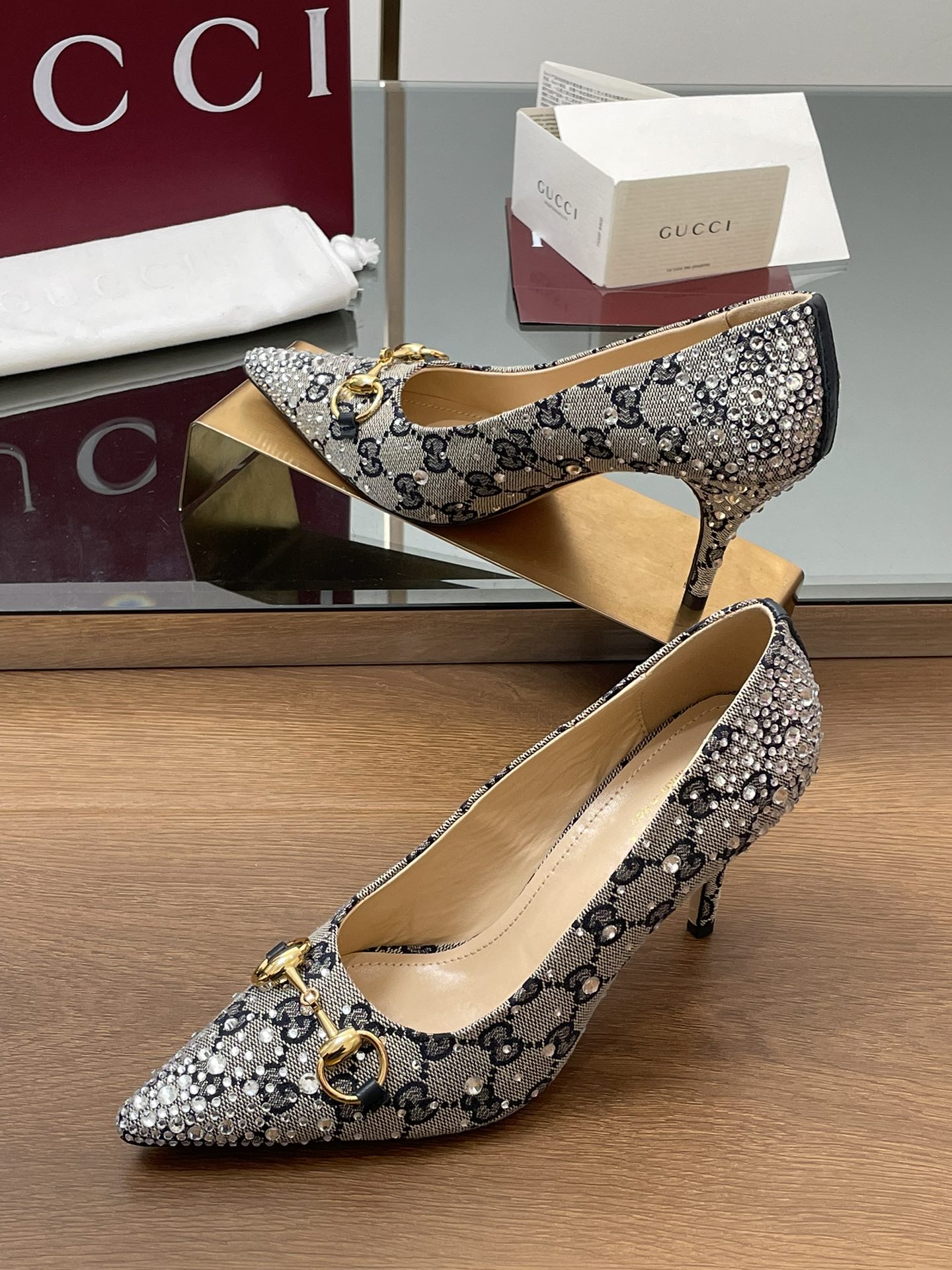 GG Horsebit Pump 85 Beige Black Monogram Canvas Crystal-Embellished